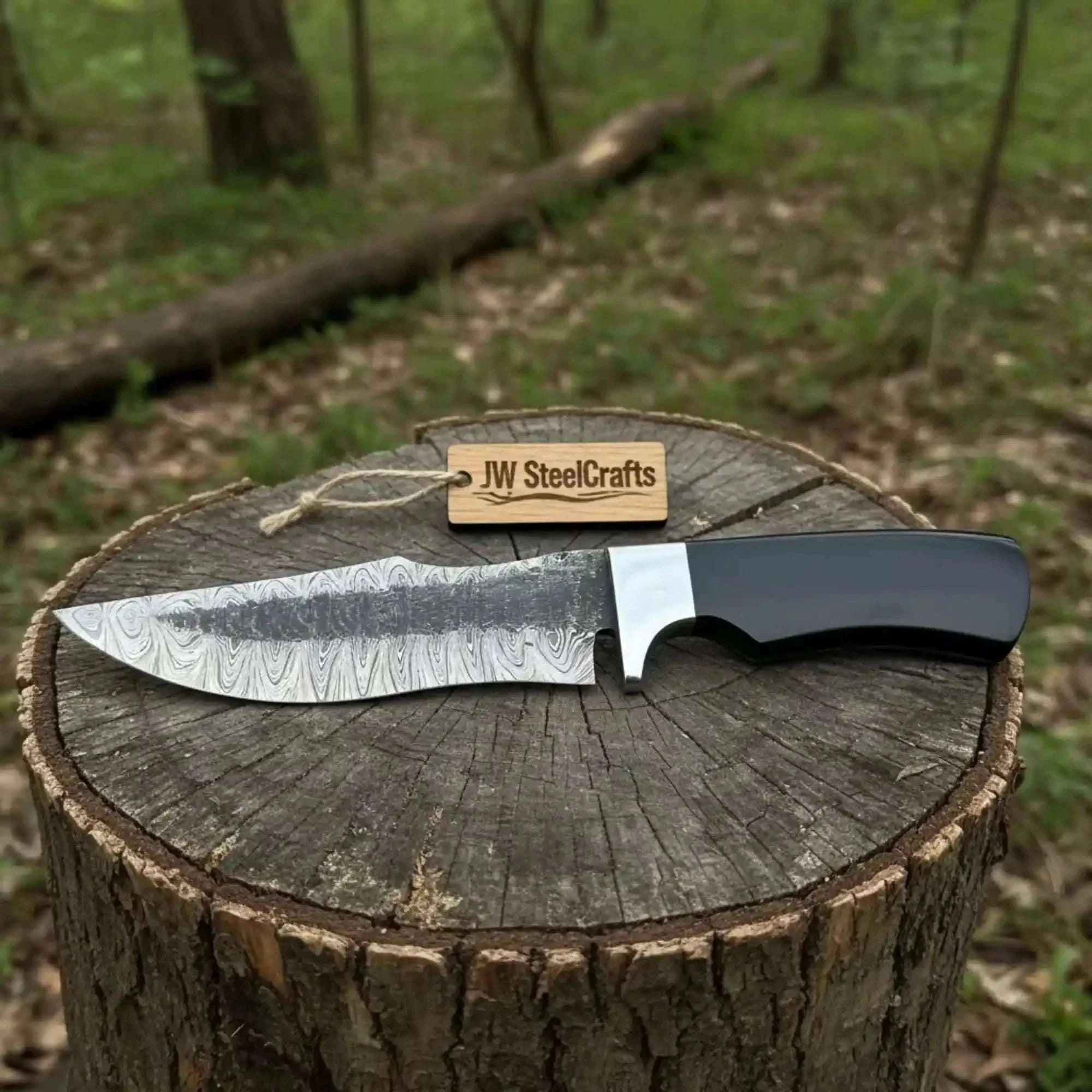 Palmarius Outdoors Damascus Trailing Point Fixed Blade Hunting Knife — Forged Ladder Pattern Blade, Black Resin Handle & Steel Guard Damascus Knife