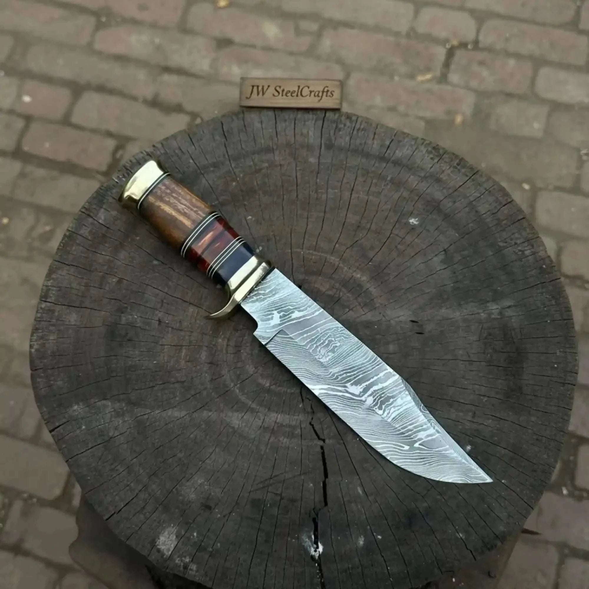 Palmarius Outdoors Handmade Damascus Steel Bowie Knife Stacked Leather Handle with Brass Fittings 