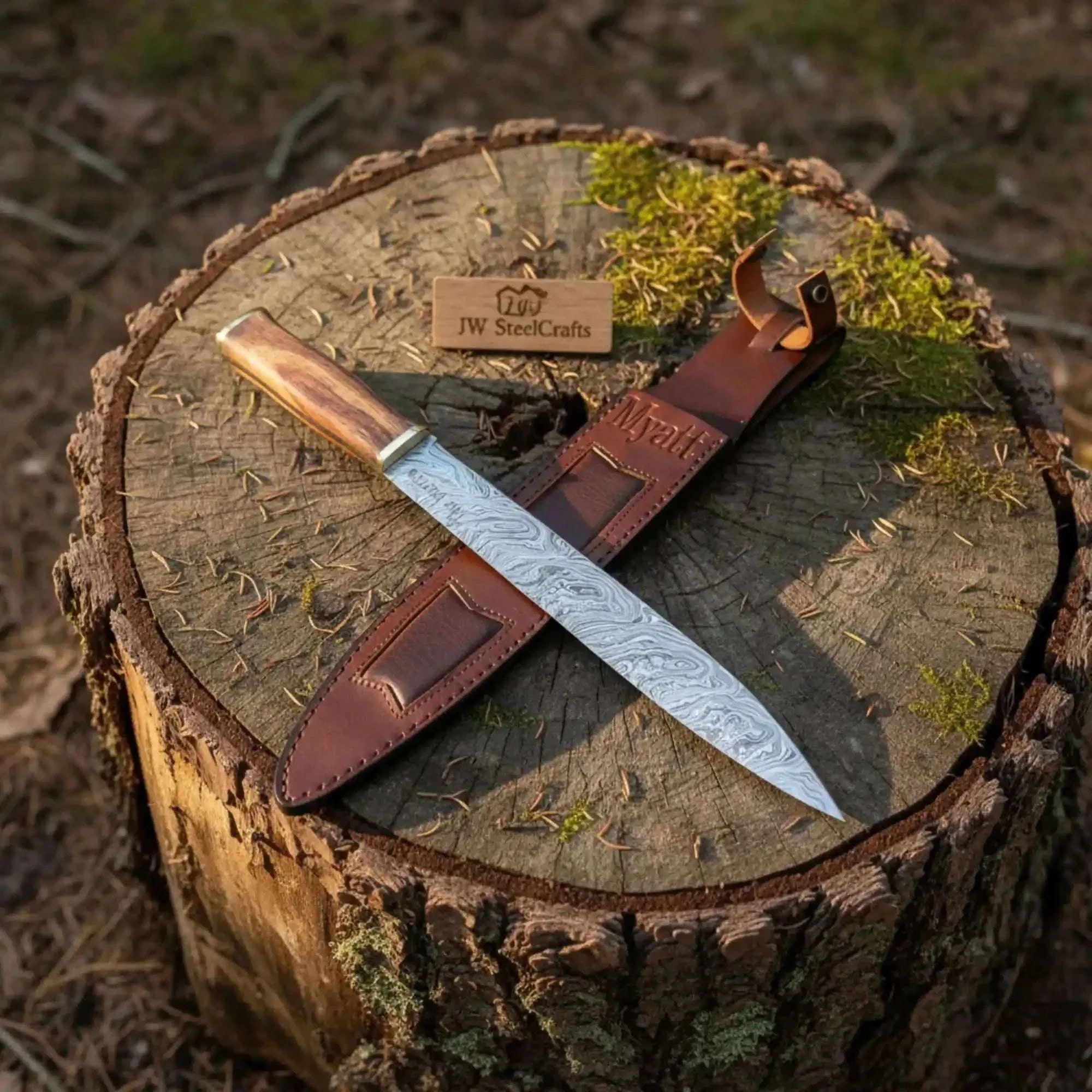 Palmarius Outdoors 15-Inch Damascus Seax Knife — 10-Inch Wave Pattern Blade, Rosewood Handle Seax Knife