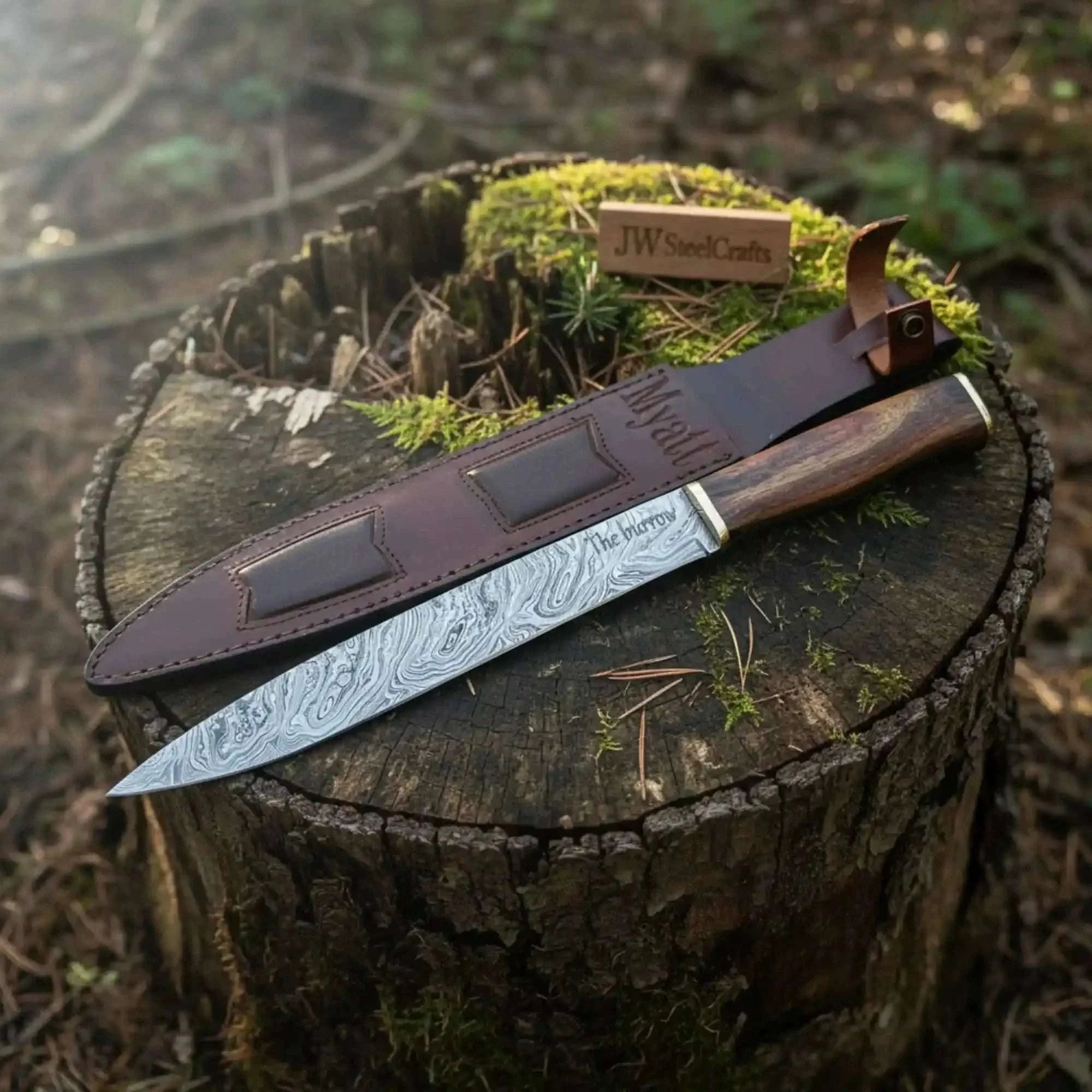 Palmarius Outdoors 15-Inch Damascus Seax Knife — 10-Inch Wave Pattern Blade, Rosewood Handle Seax Knife