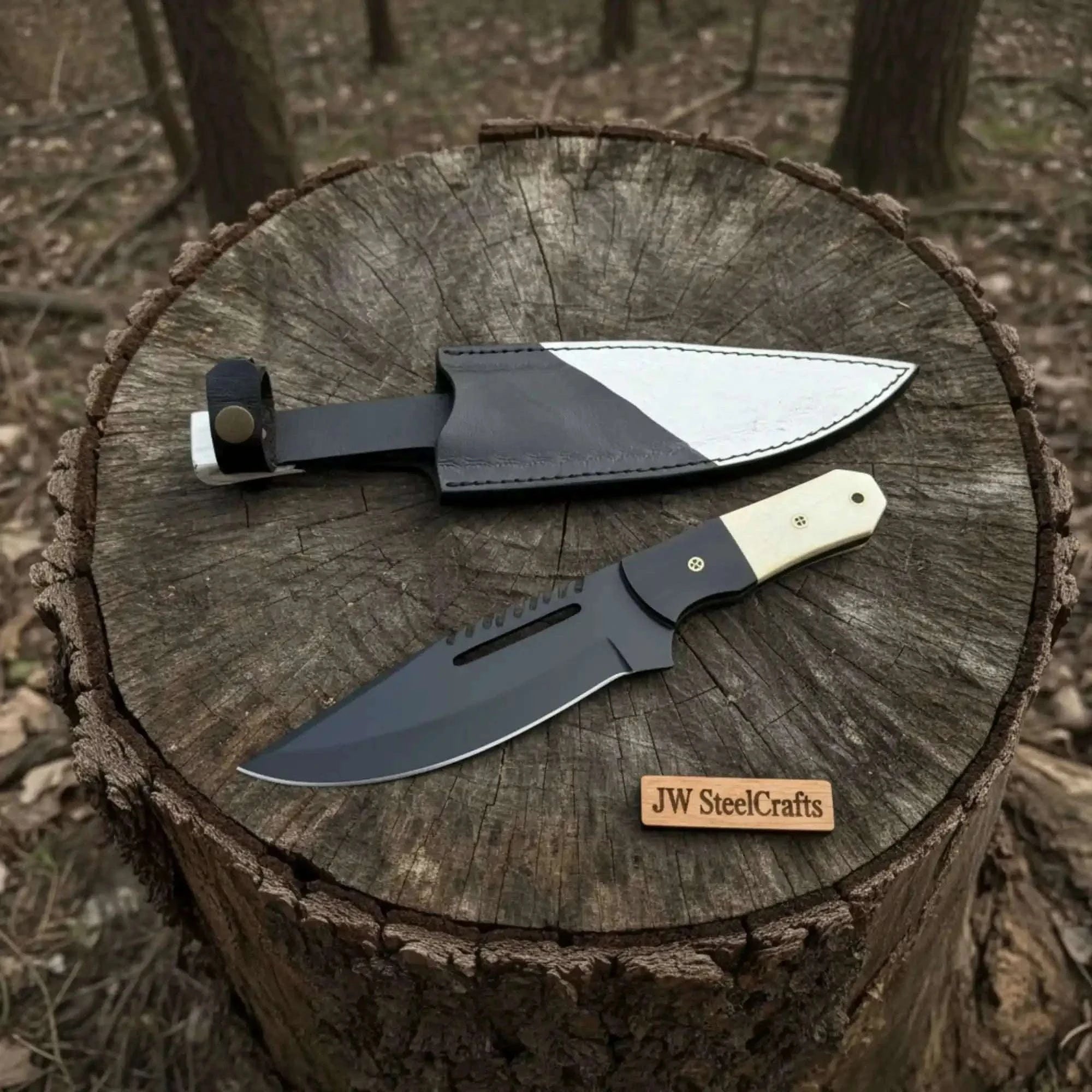 Palmarius Outdoors Straight Back Utility Knife 8” Blade Fixed Blade Filework Spine Bone Handle with Sheath 