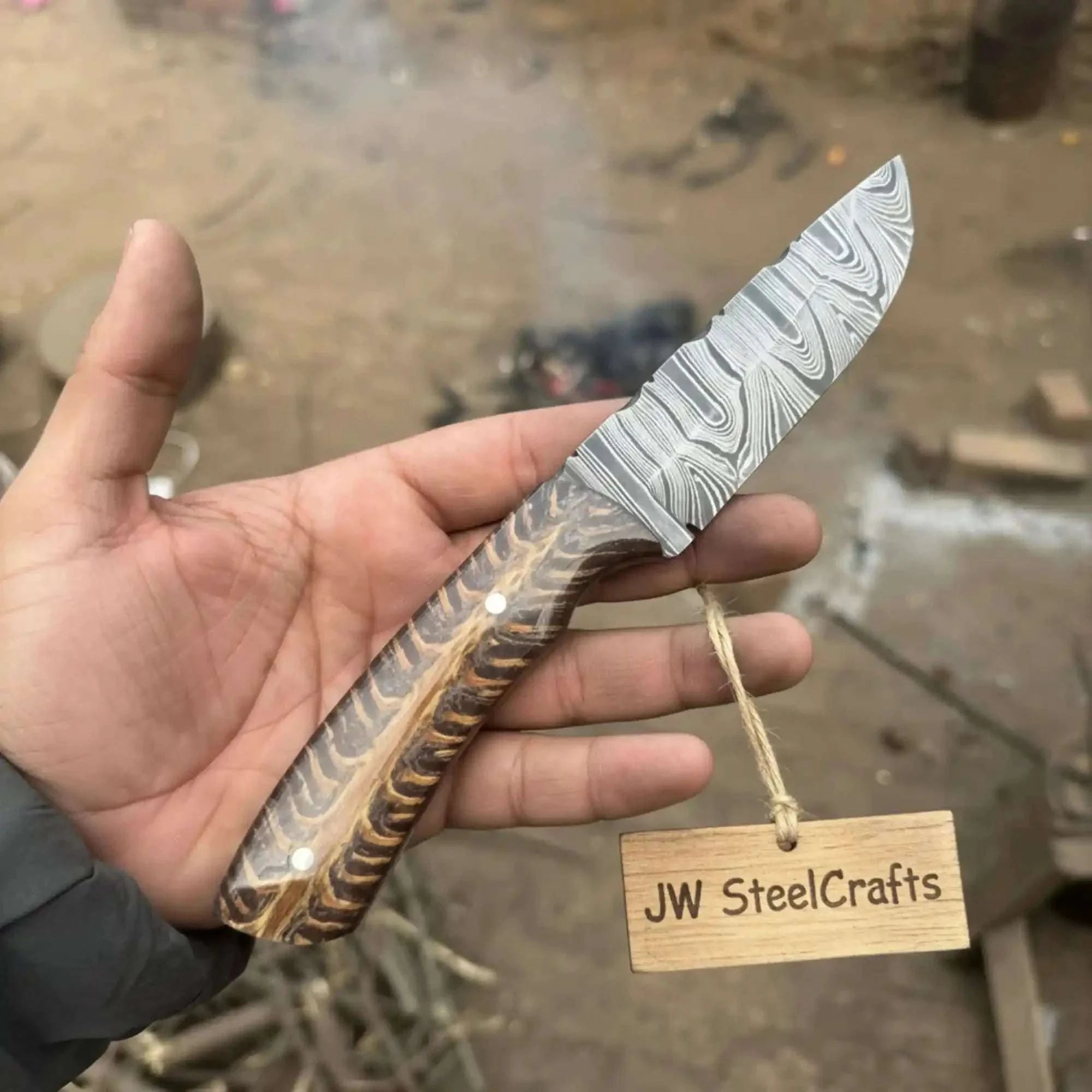 Palmarius Outdoors 7.5-Inch Damascus Puukko Fixed Blade Knife with Pinecone Epoxy Resin Handle Bowie Knife