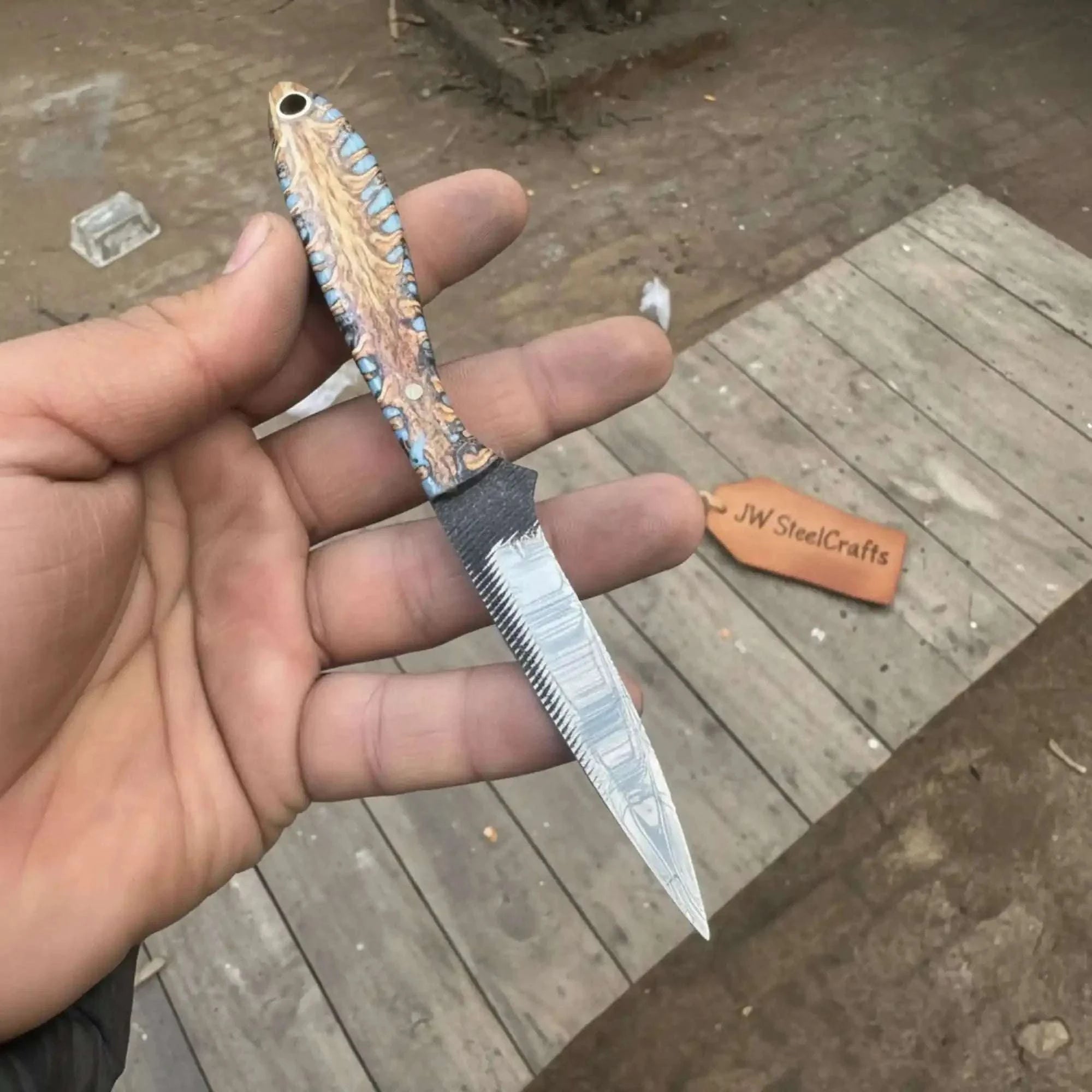 Palmarius Outdoors 7-Inch Rasp Steel Dagger — Double-Edged Blade, Pinecone Blue Resin Handle, Steel Guard & Brass Lanyard Hole Bowie Knife