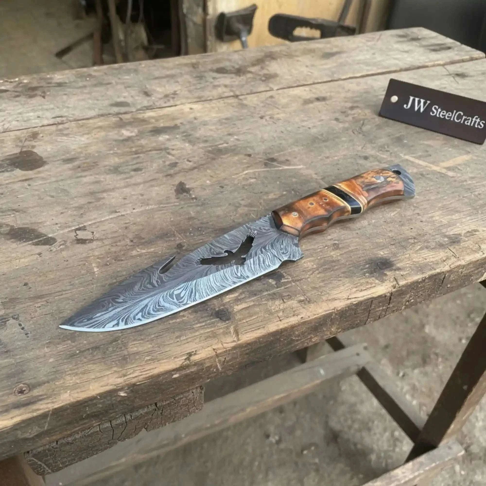 Palmarius Outdoors Handmade Feather Damascus Hunting Knife with Burned Camel Bone Handle &amp; Eagle Engraving 