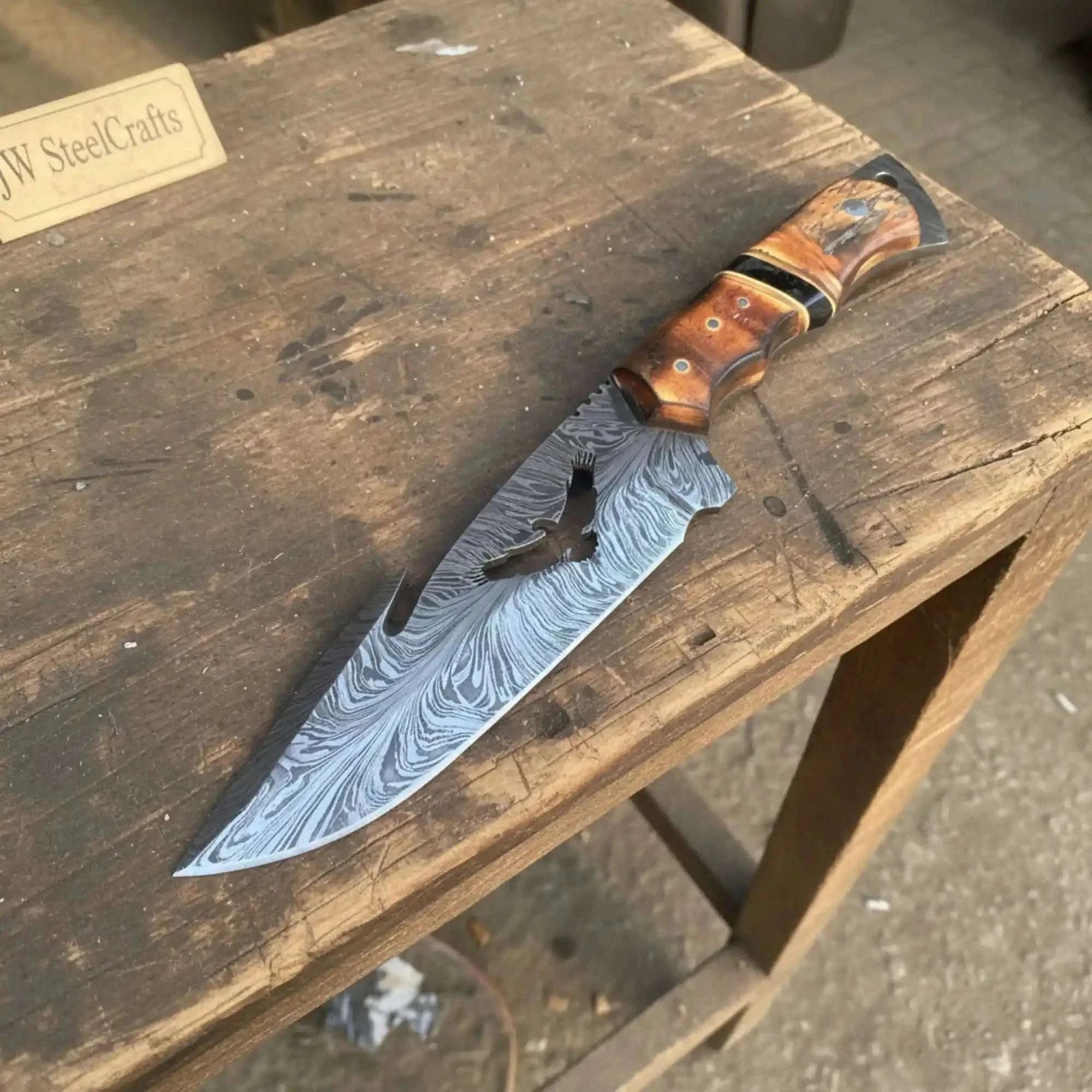 Palmarius Outdoors Handmade Feather Damascus Hunting Knife with Burned Camel Bone Handle &amp; Eagle Engraving 