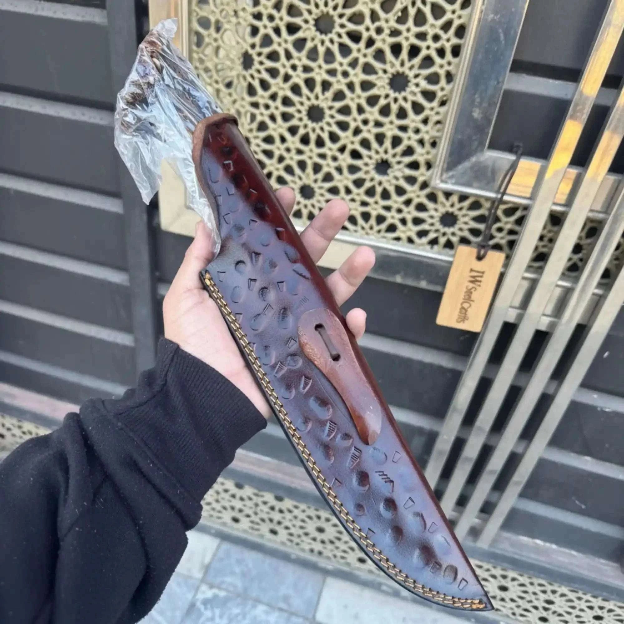Palmarius Outdoors Handmade Feather Damascus Hunting Knife with Burned Camel Bone Handle &amp; Eagle Engraving 