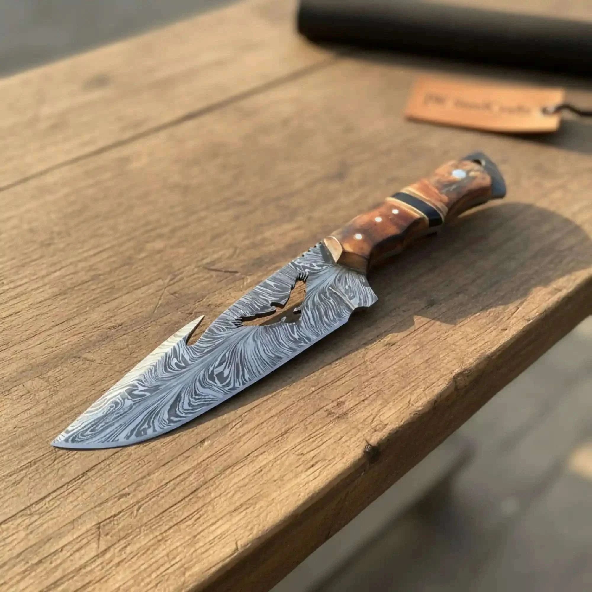 Palmarius Outdoors Handmade Feather Damascus Hunting Knife with Burned Camel Bone Handle &amp; Eagle Engraving 