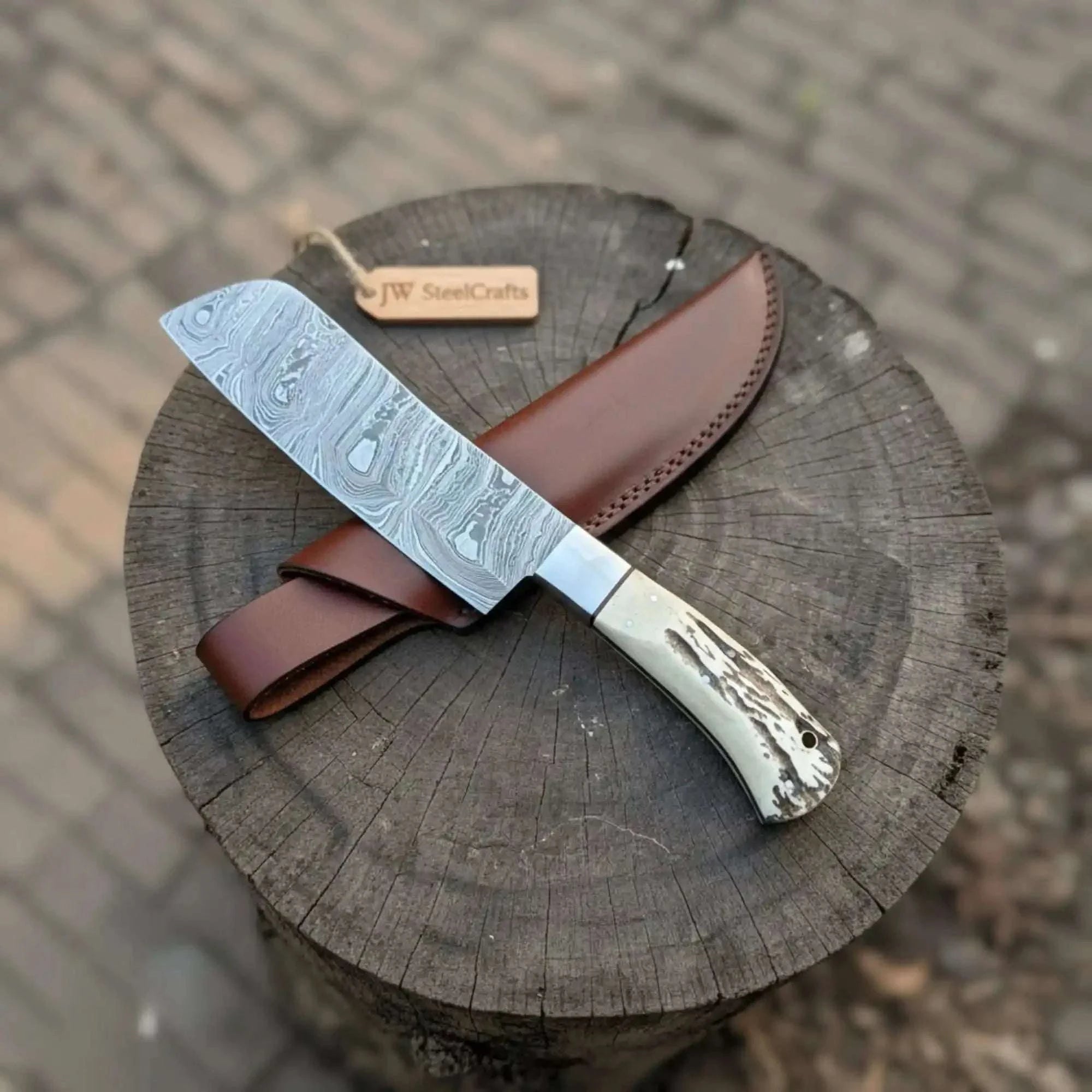 Palmarius Outdoors Handmade Damascus Cimeter Butcher Knife with Synthetic Stag Handle 