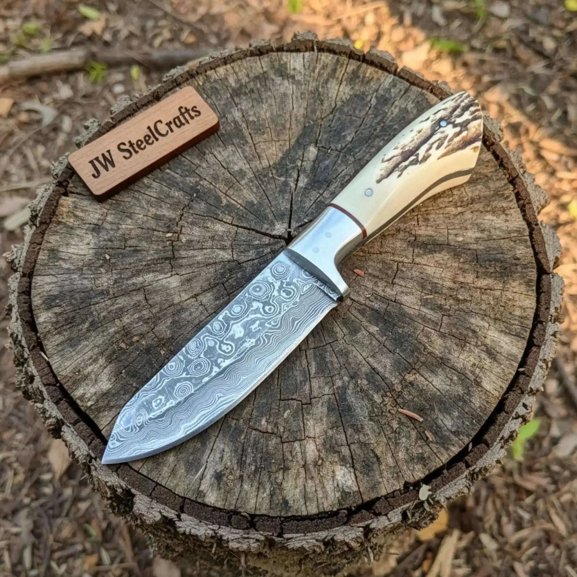 Palmarius Outdoors Handmade Damascus Skinner Knife with Synthetic Stag Handle | Full Tang Drop Point Blade 