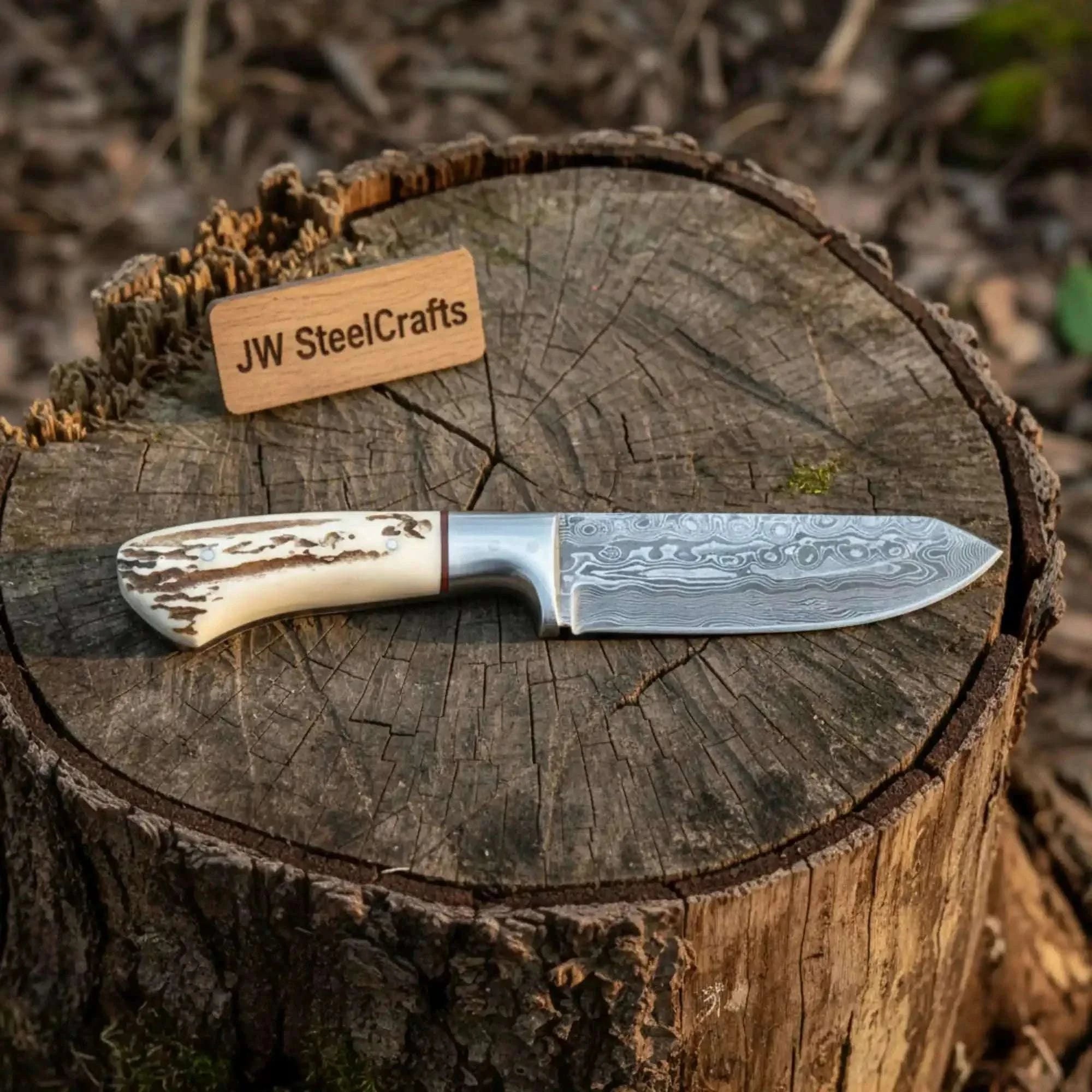 Palmarius Outdoors Handmade Damascus Skinner Knife with Synthetic Stag Handle | Full Tang Drop Point Blade 
