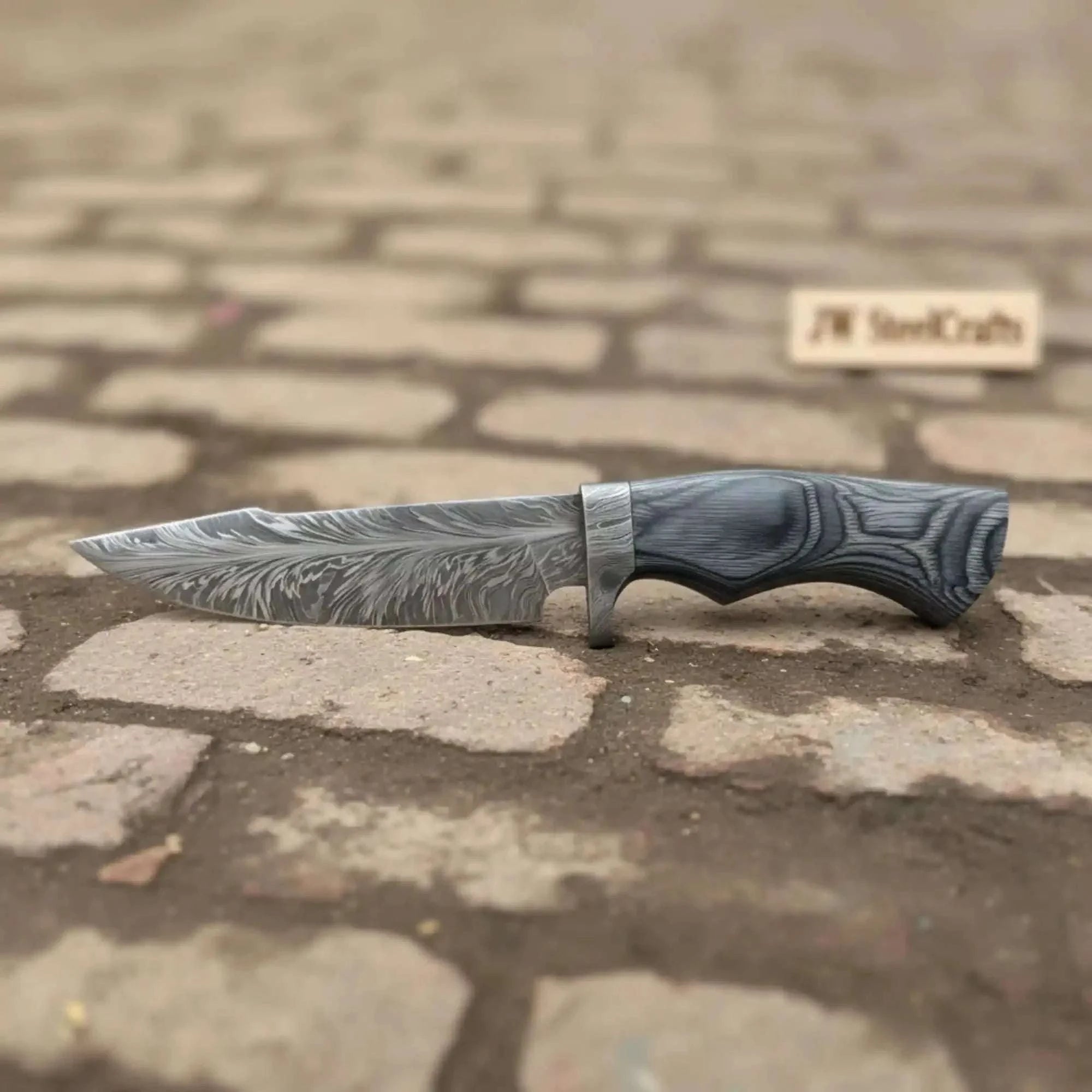 Palmarius Outdoors Bobcat Style Drop Point Hunting Knife Feather Damascus Blade Gray Pakka Wood Handle EDC Fixed Blade 