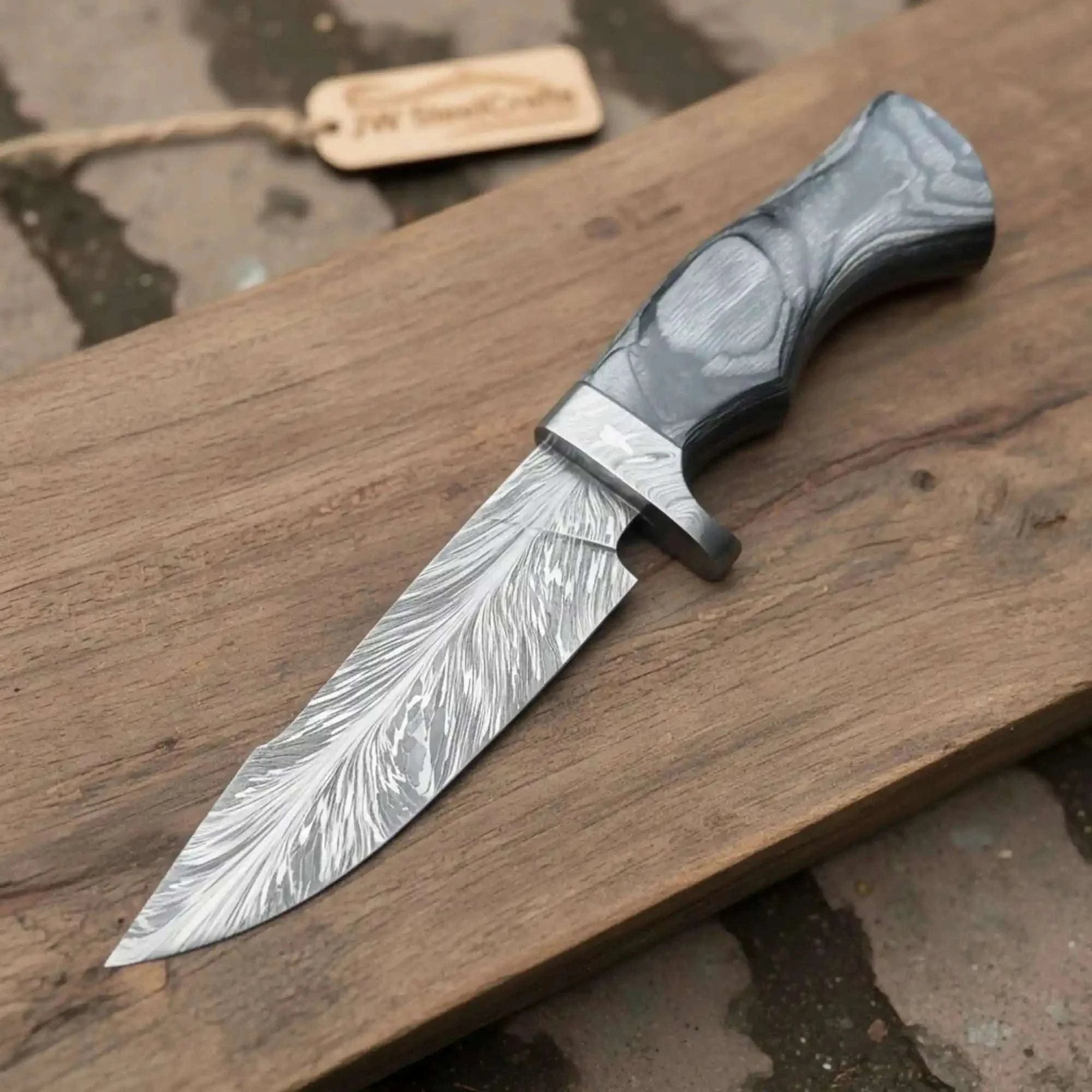 Palmarius Outdoors Bobcat Style Drop Point Hunting Knife Feather Damascus Blade Gray Pakka Wood Handle EDC Fixed Blade 