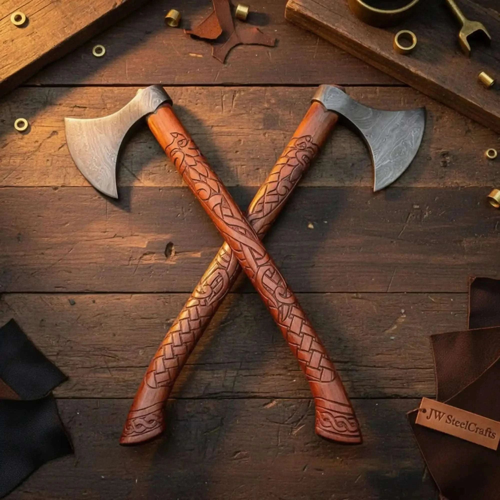 Palmarius Outdoors Handmade Norse Viking Axe Pair with Engraved Wooden Handles 