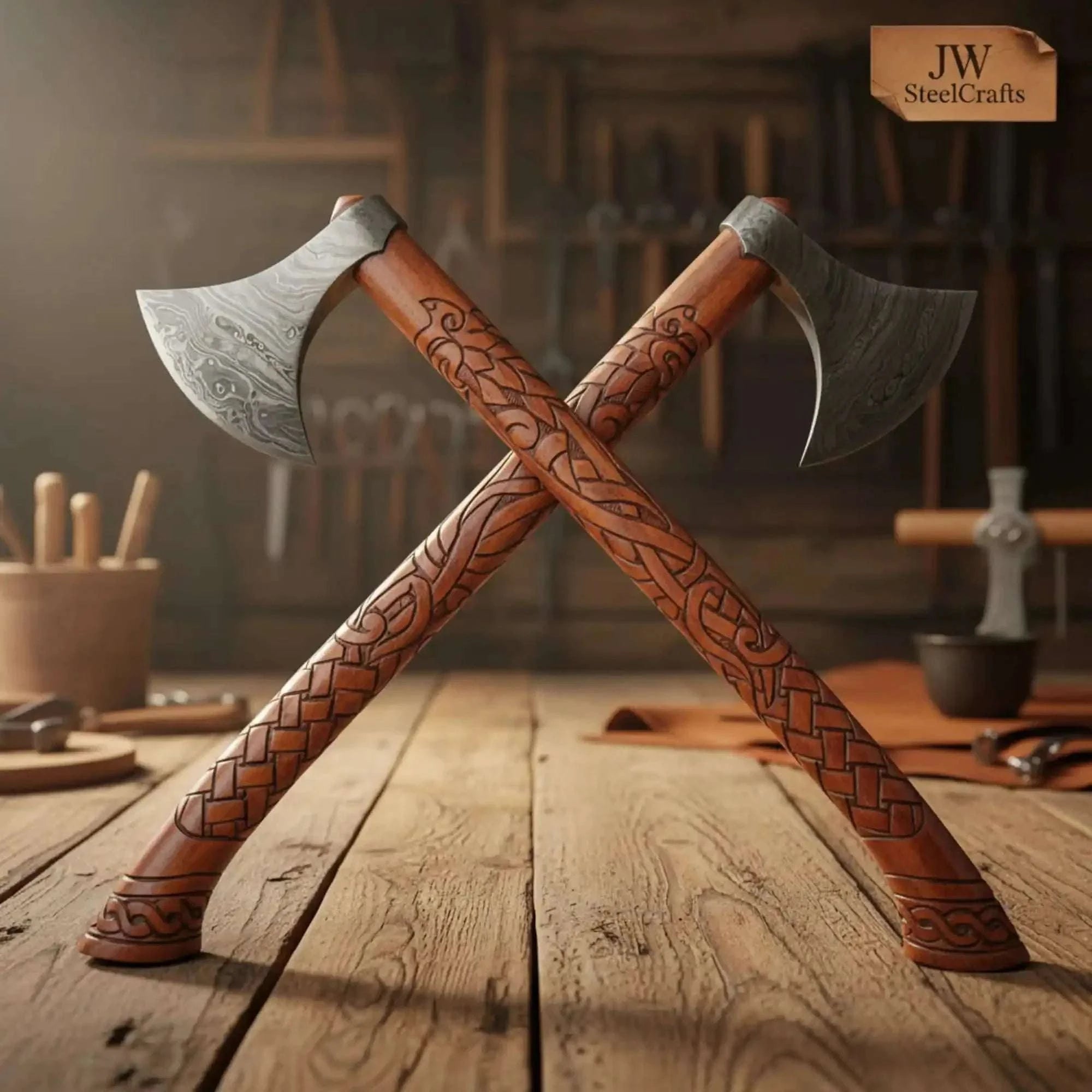 Palmarius Outdoors Handmade Norse Viking Axe Pair with Engraved Wooden Handles 