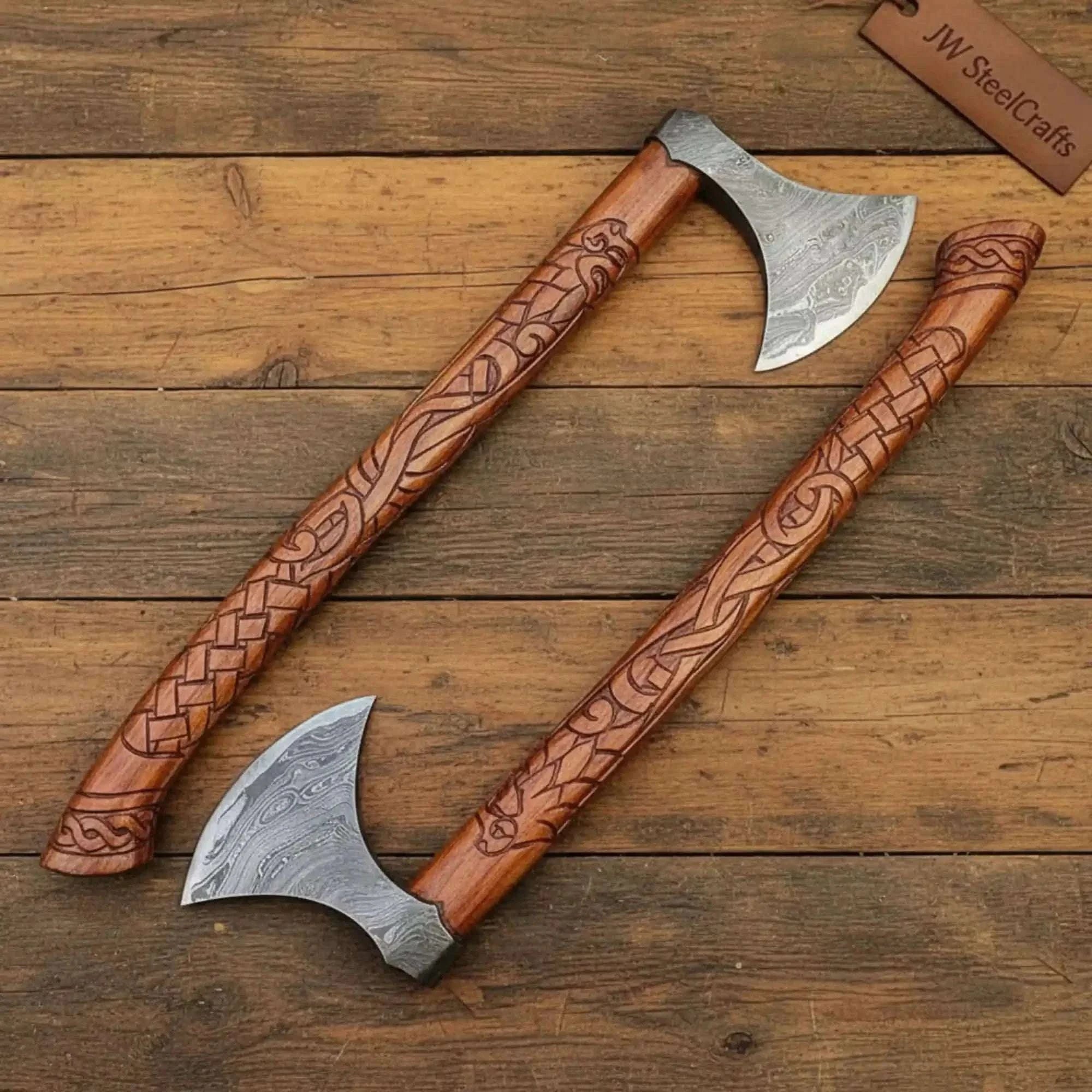 Palmarius Outdoors Handmade Norse Viking Axe Pair with Engraved Wooden Handles 
