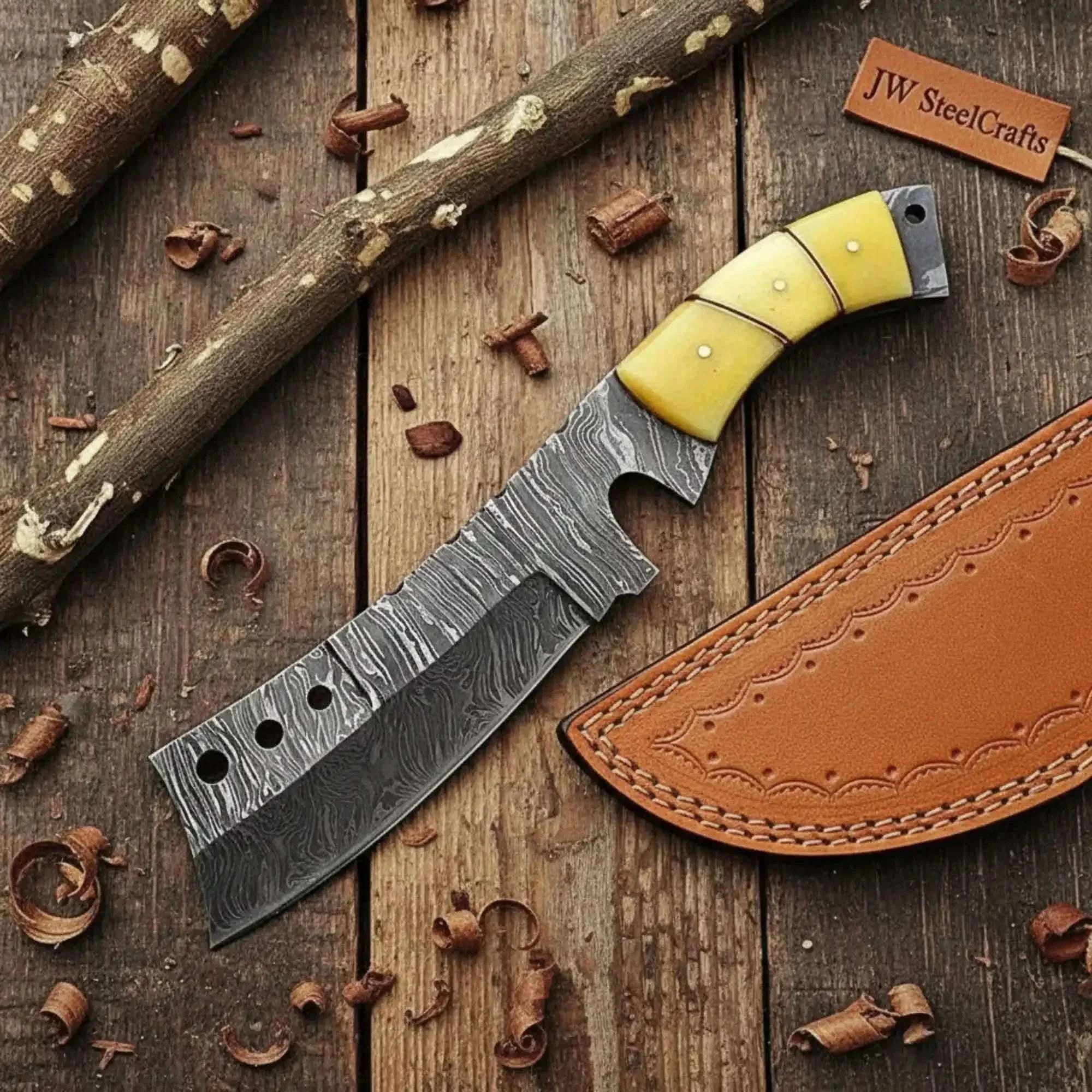 Palmarius Outdoors Handmade Damascus Tanto Knife with Camel Bone Handle | Full Tang Fixed Blade 