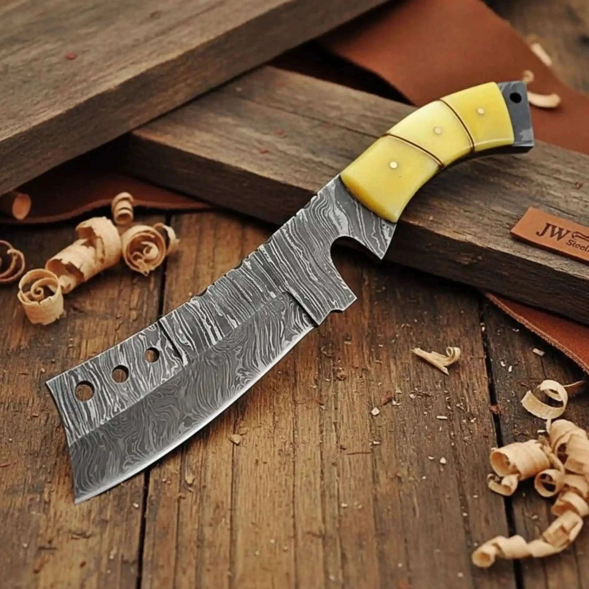 Palmarius Outdoors Handmade Damascus Tanto Knife with Camel Bone Handle | Full Tang Fixed Blade 