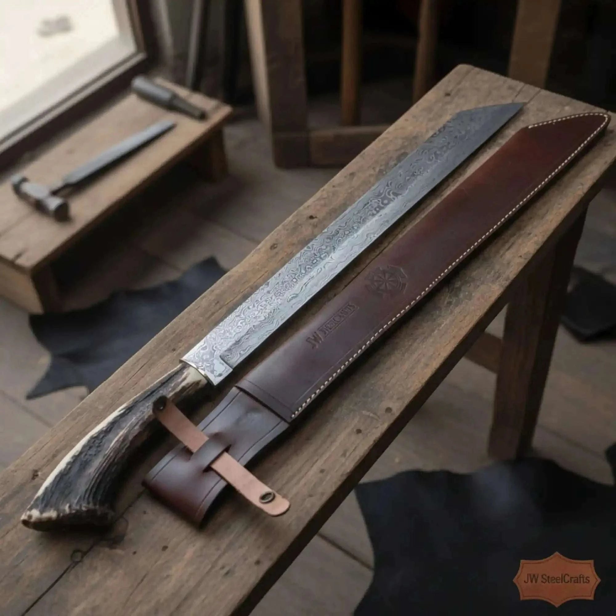 Palmarius Outdoors Long Seax Knife Straight Back Blade-Damascus steel | Medieval Style Knife 