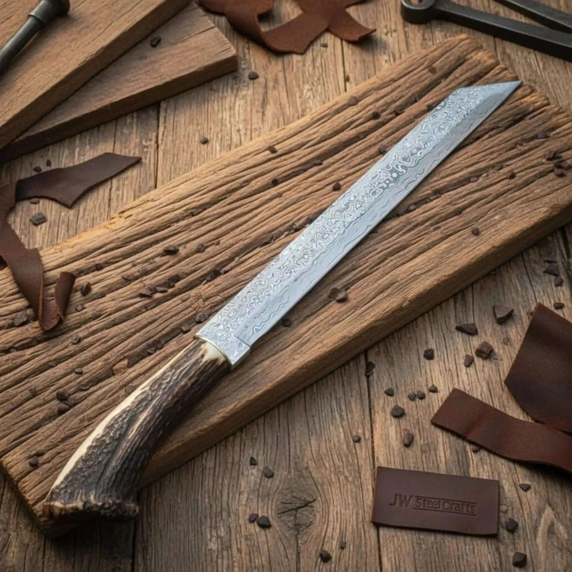 Palmarius Outdoors Long Seax Knife Straight Back Blade-Damascus steel | Medieval Style Knife 