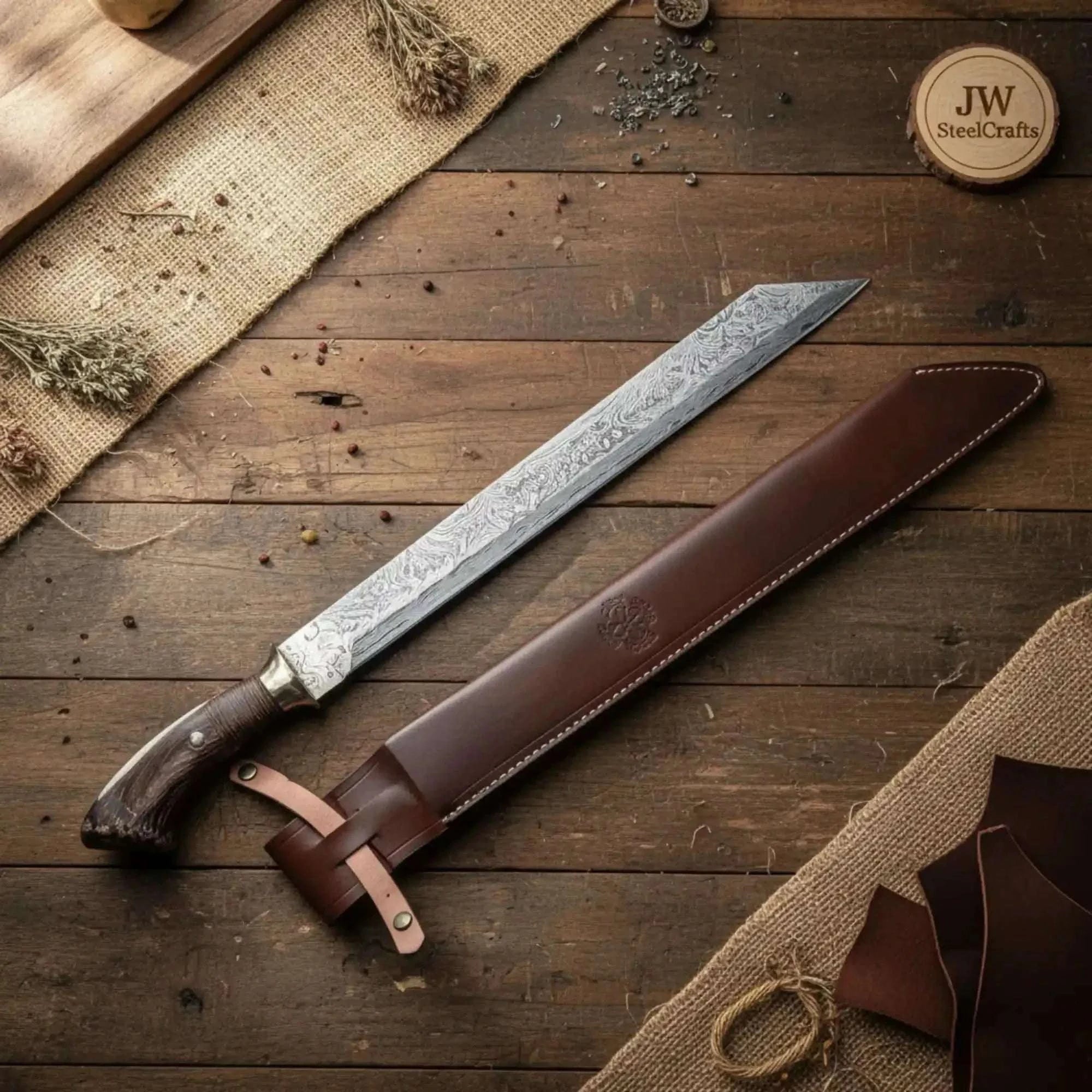 Palmarius Outdoors Long Seax Knife Straight Back Blade-Damascus steel | Medieval Style Knife 
