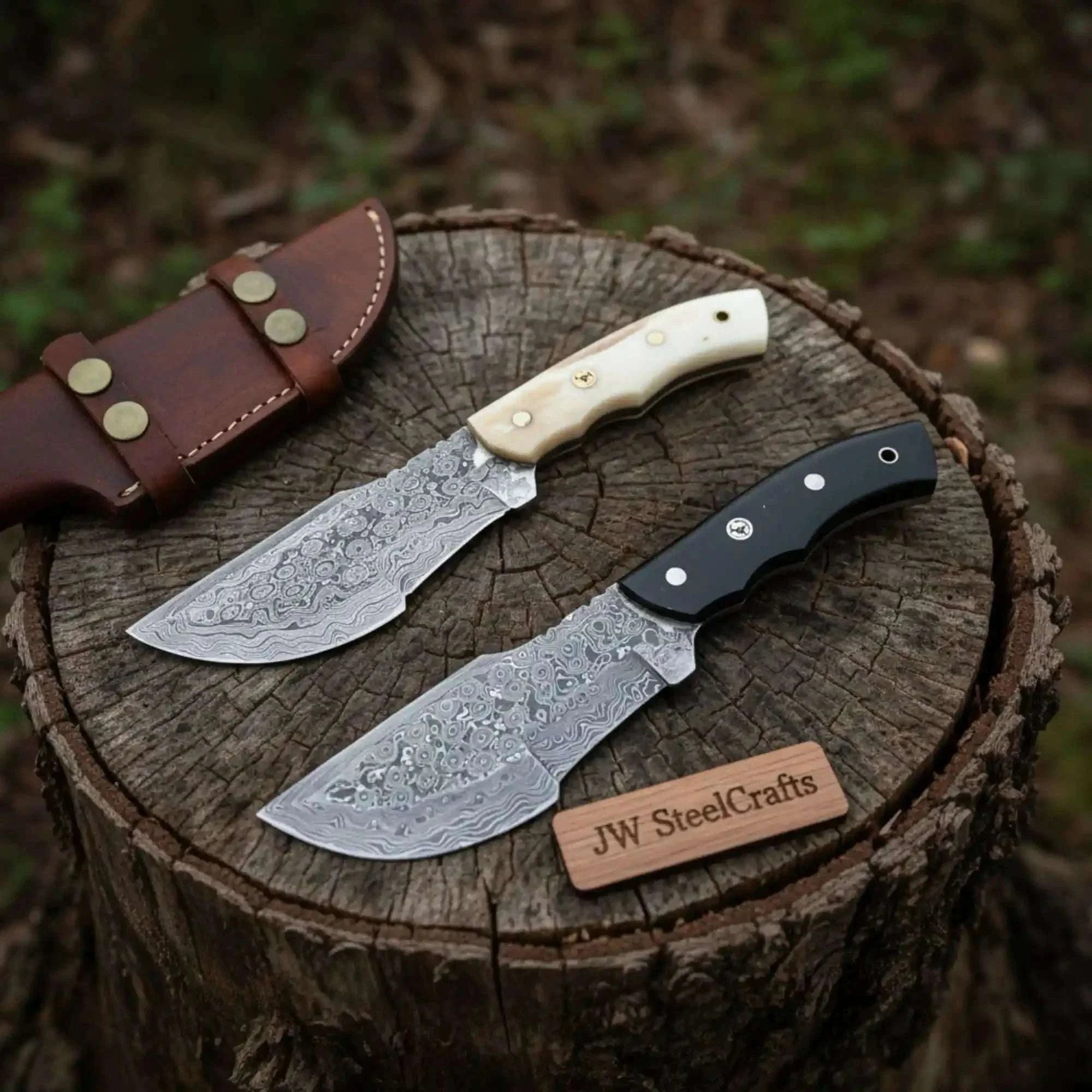 Palmarius Outdoors Handmade Damascus Tracker Knife Pair with Camel Bone & Black Micarta Handles 