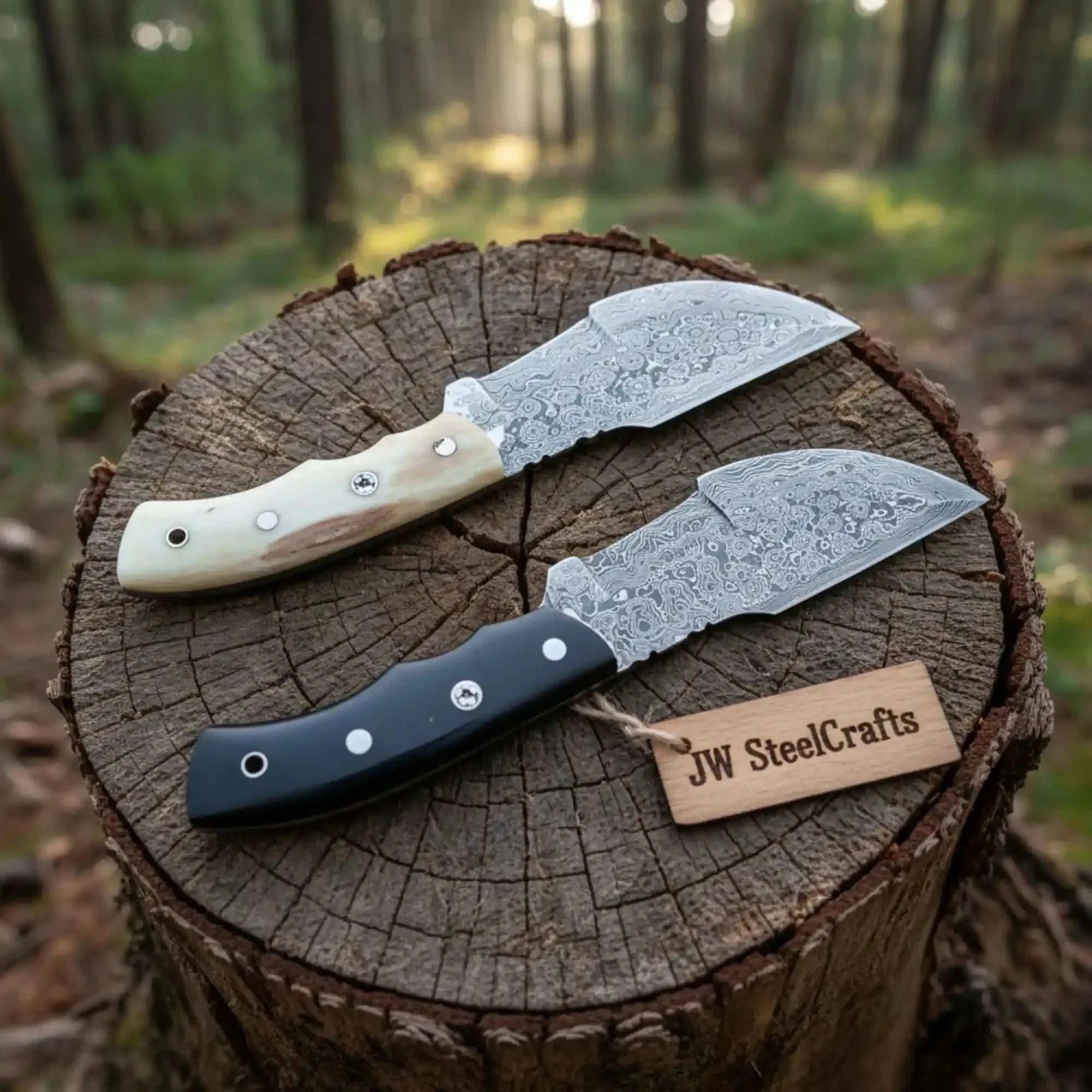 Palmarius Outdoors Handmade Damascus Tracker Knife Pair with Camel Bone & Black Micarta Handles 