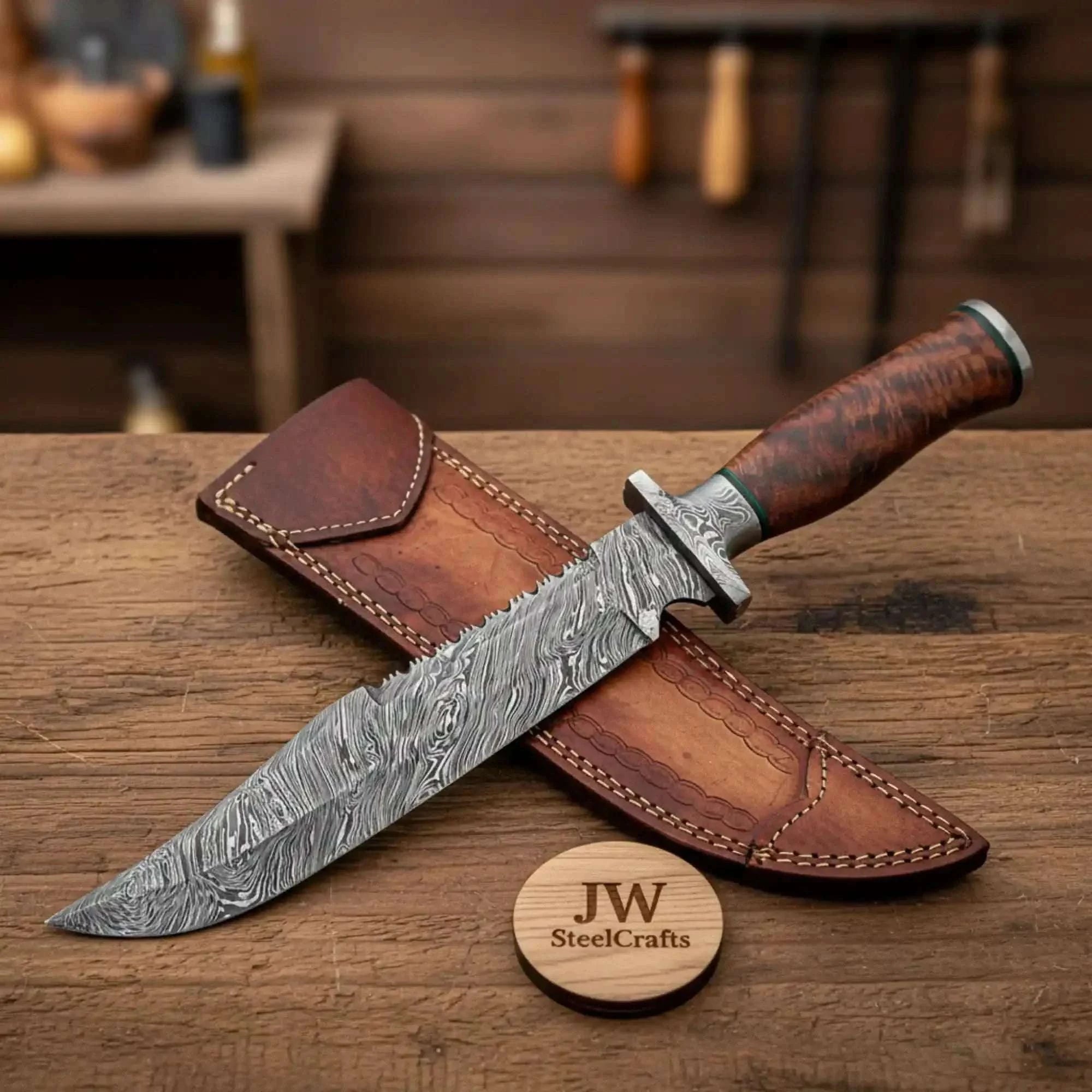 Palmarius Outdoors Handmade Damascus Bowie Knife with Natural Wood Handle Fixed Blade 