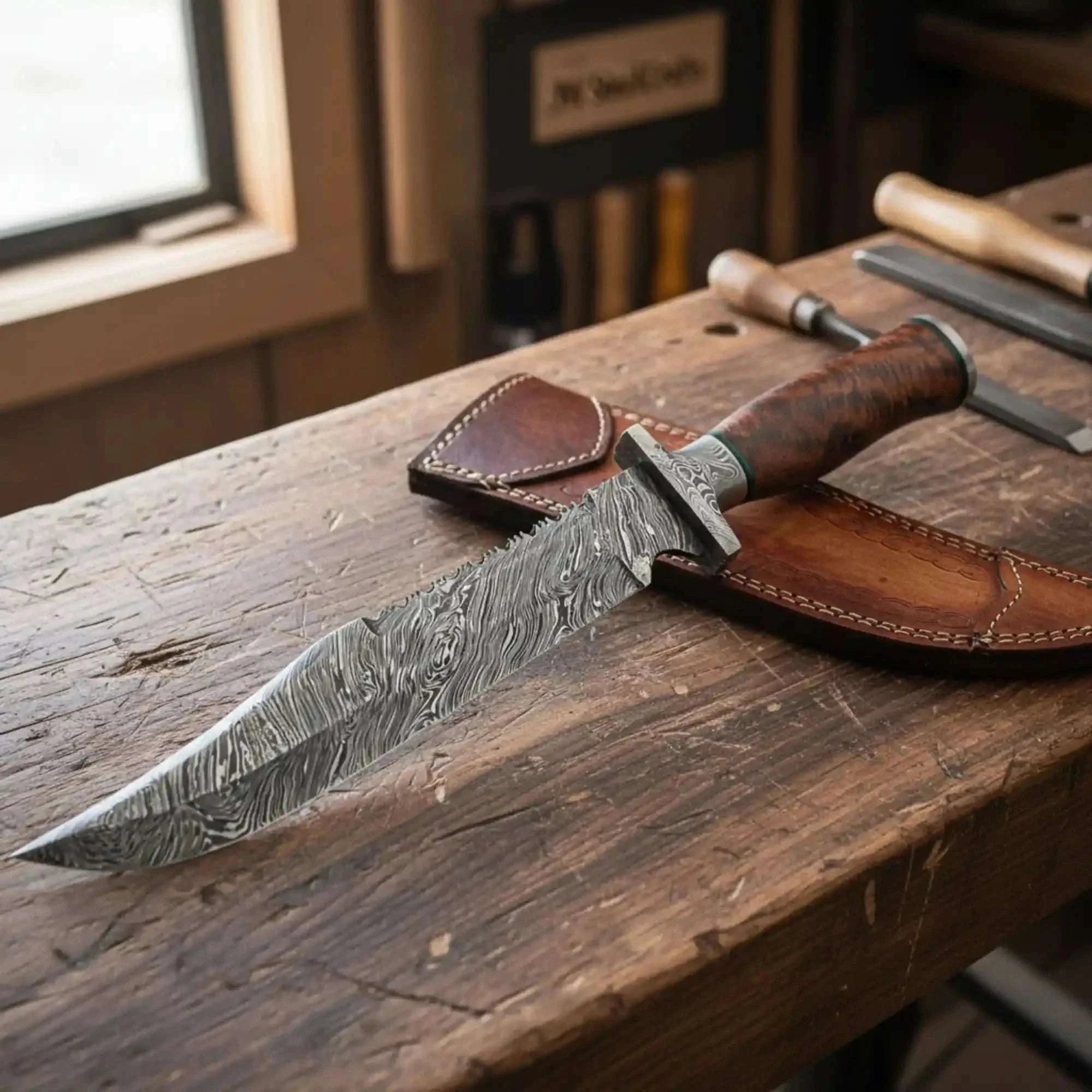 Palmarius Outdoors Handmade Damascus Bowie Knife with Natural Wood Handle Fixed Blade 