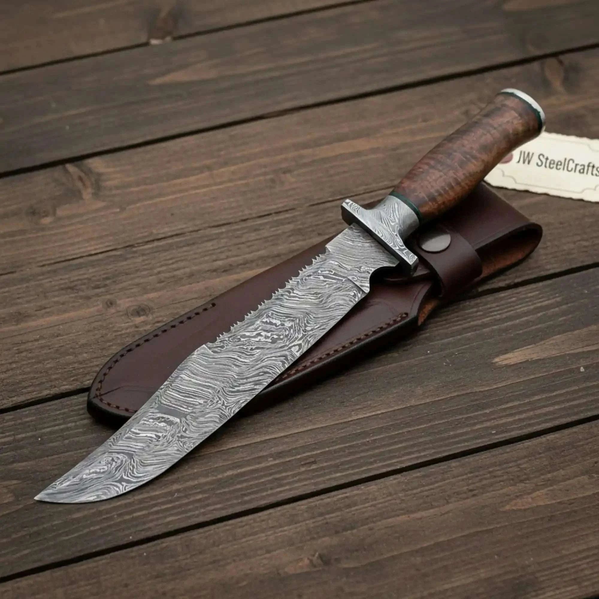 Palmarius Outdoors Handmade Damascus Bowie Knife with Natural Wood Handle Fixed Blade 