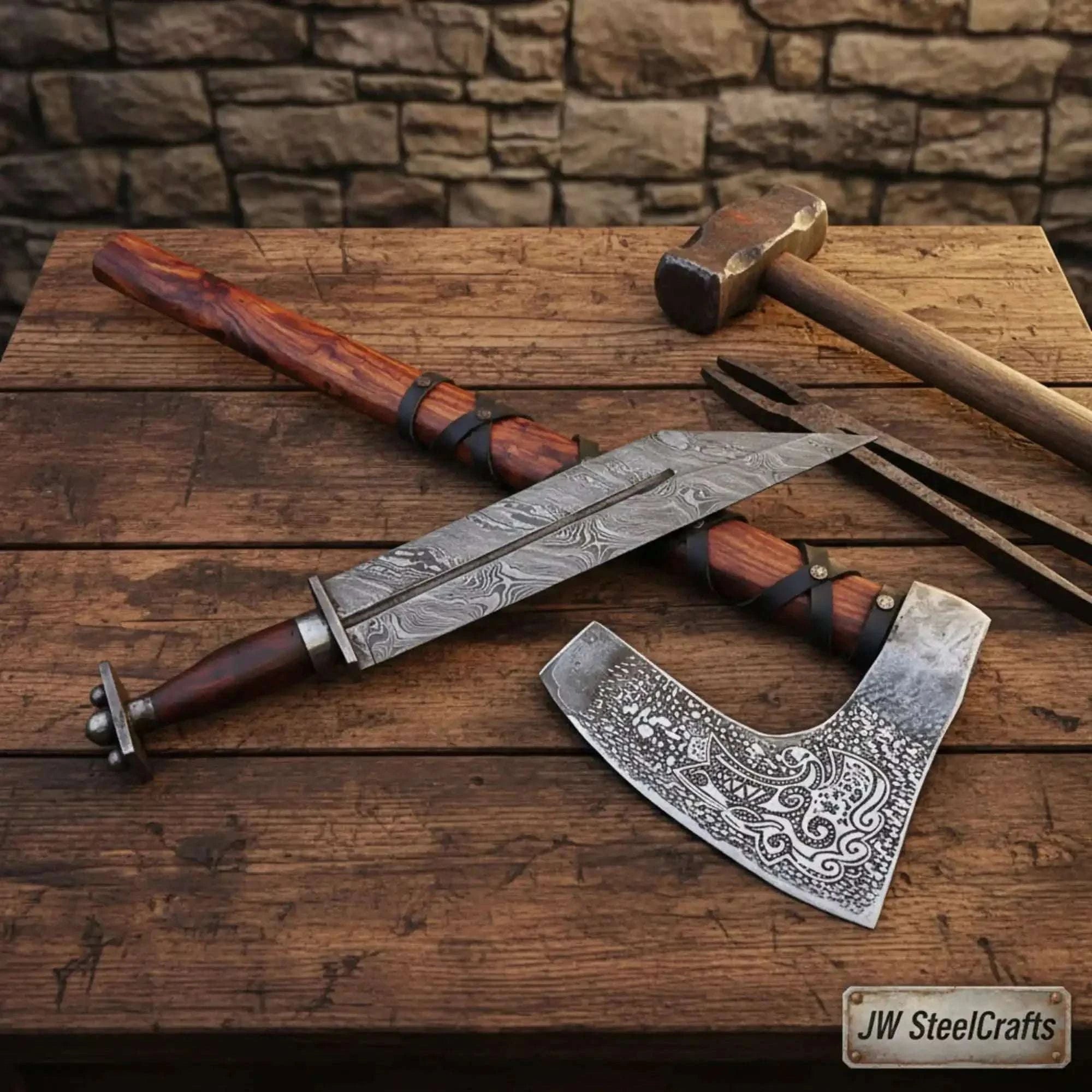 Palmarius Outdoors Viking Bearded Axe and Seax Knife Set | Bushcraft Wood Cutting 