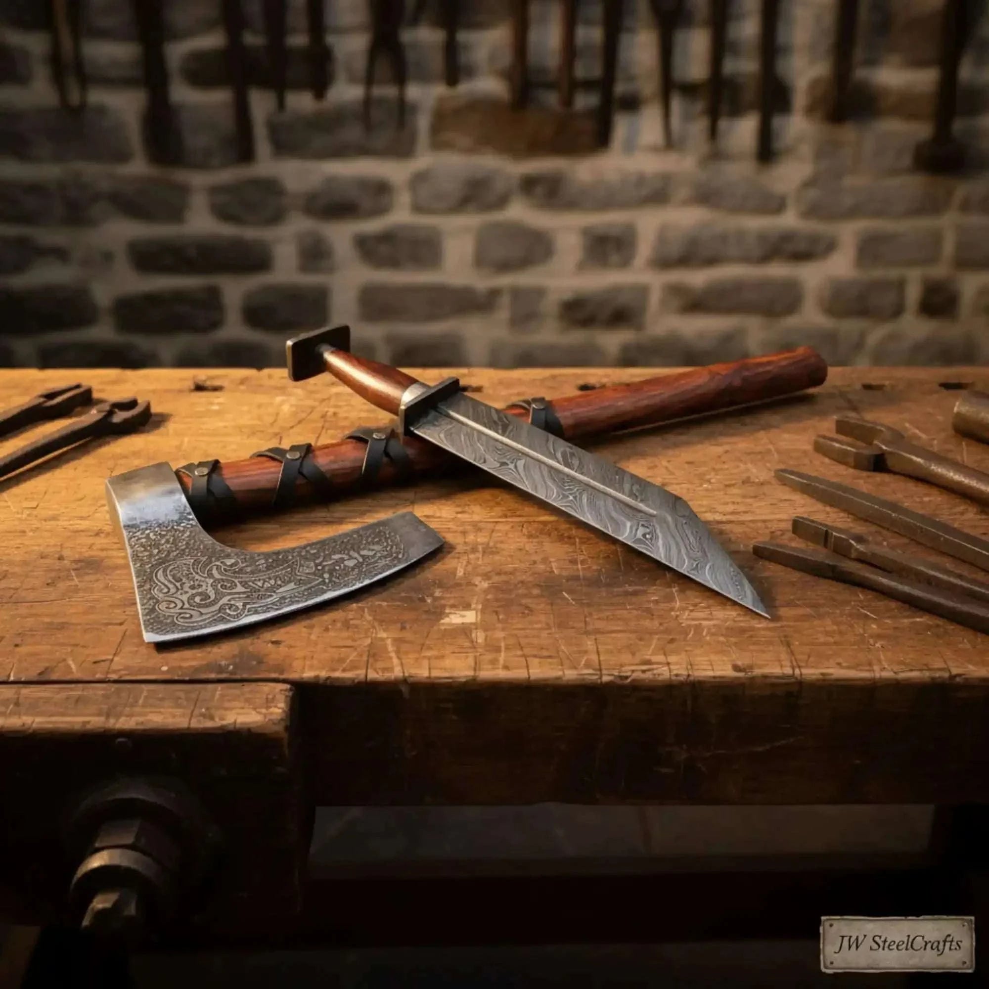Palmarius Outdoors Viking Bearded Axe and Seax Knife Set | Bushcraft Wood Cutting 
