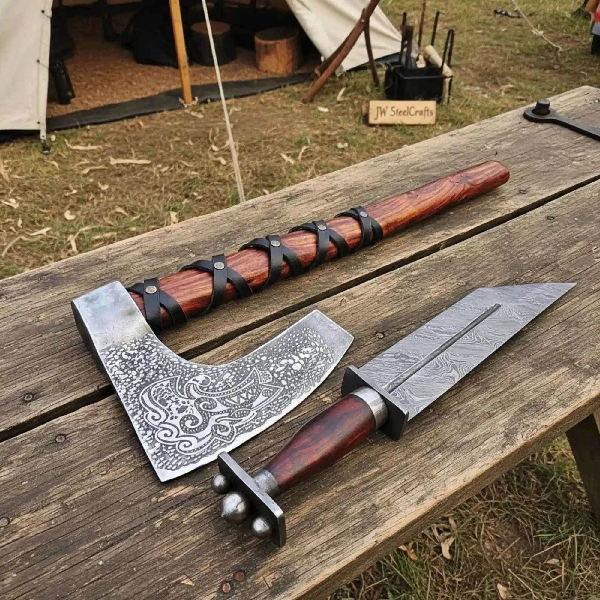 Palmarius Outdoors Viking Bearded Axe and Seax Knife Set | Bushcraft Wood Cutting 
