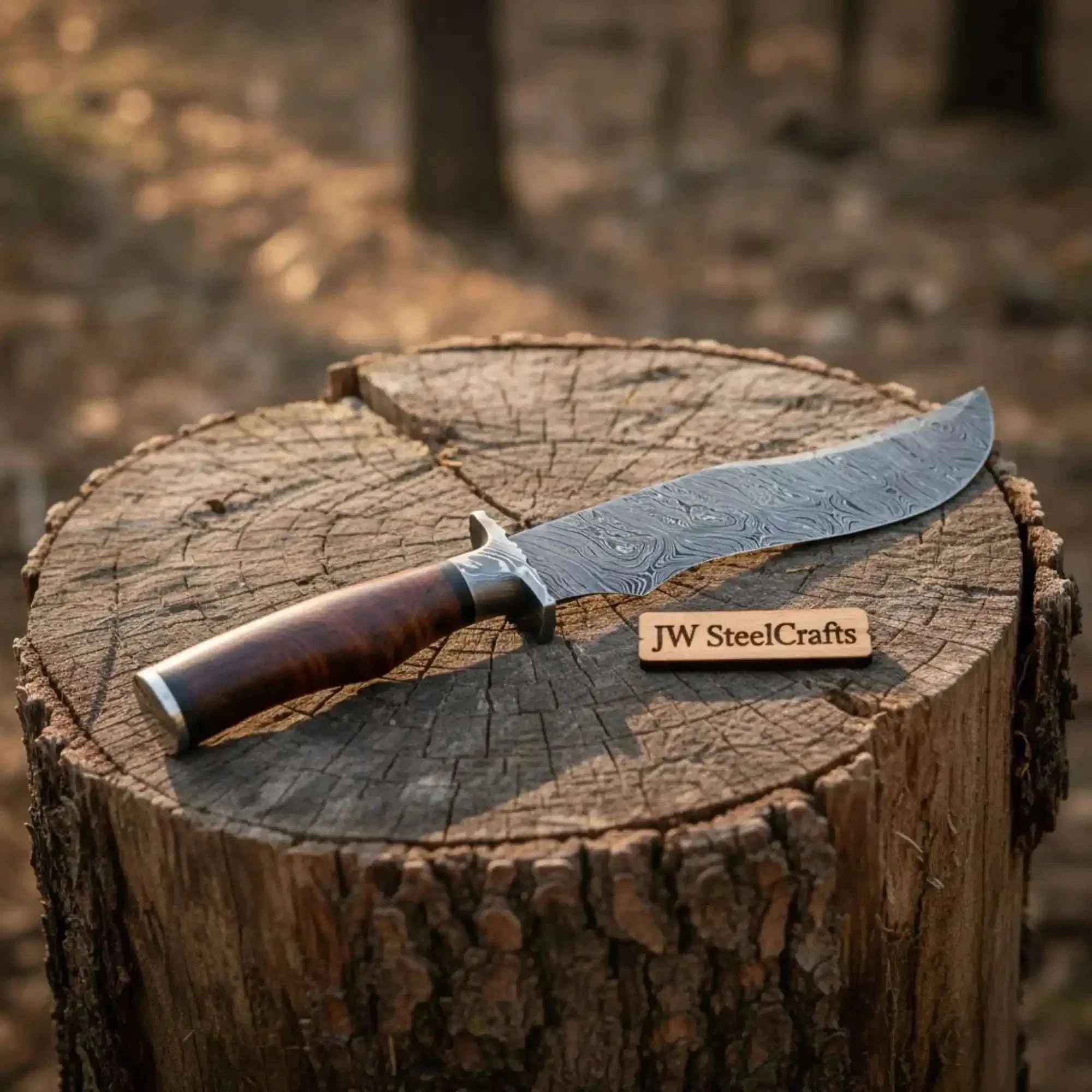 Palmarius Outdoors Handmade Damascus Trailing Point Bowie Knife with Tali Wood Handle 