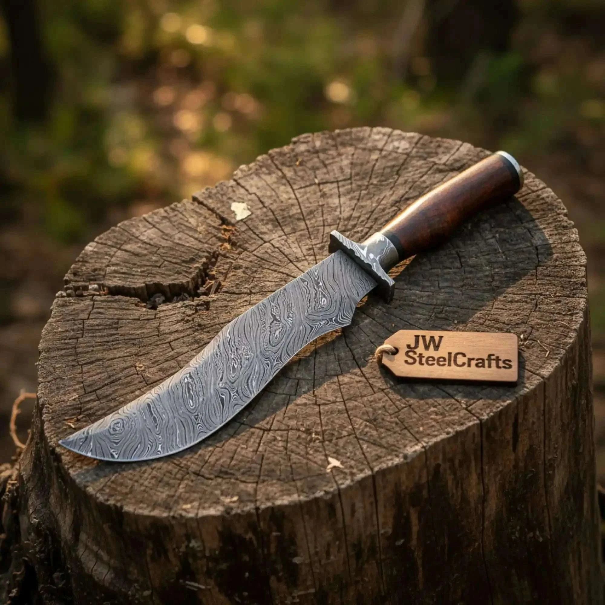 Palmarius Outdoors Handmade Damascus Trailing Point Bowie Knife with Tali Wood Handle 