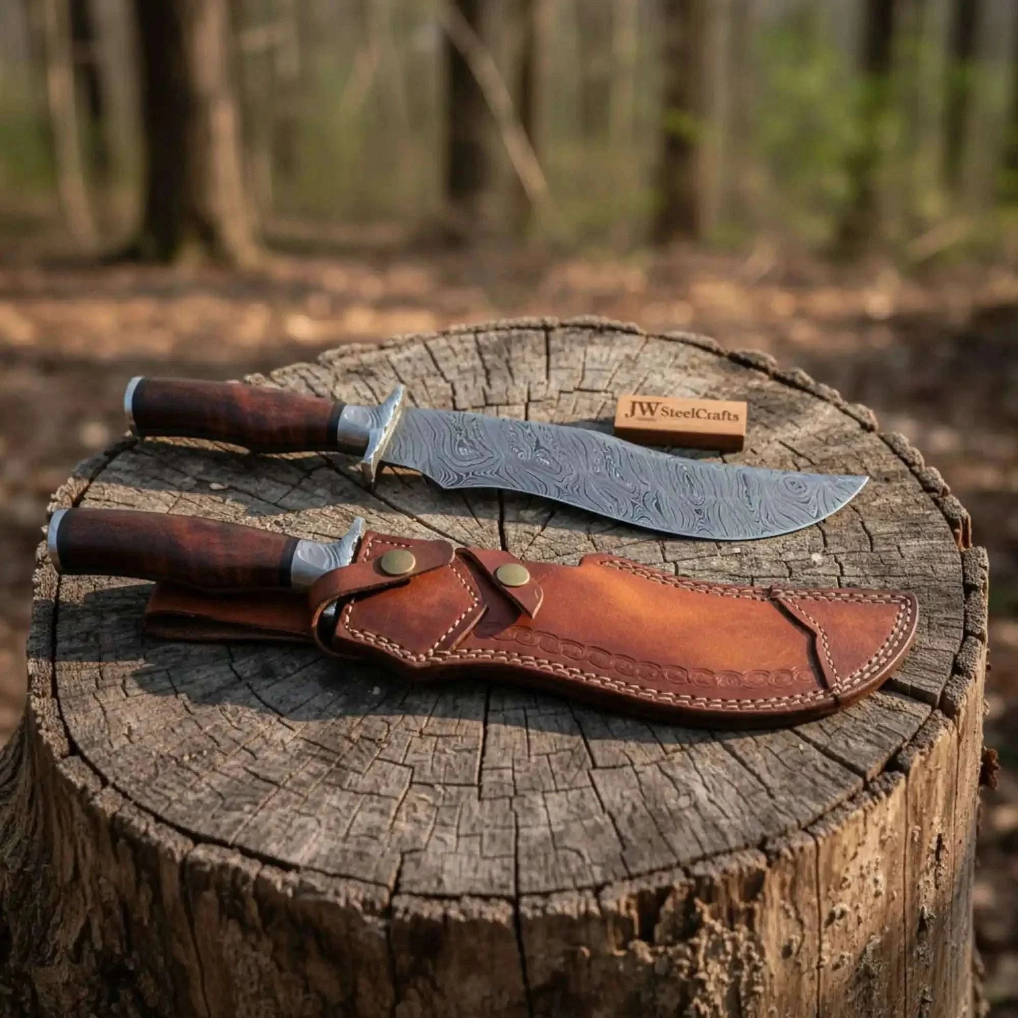 Palmarius Outdoors Handmade Damascus Trailing Point Bowie Knife with Tali Wood Handle 