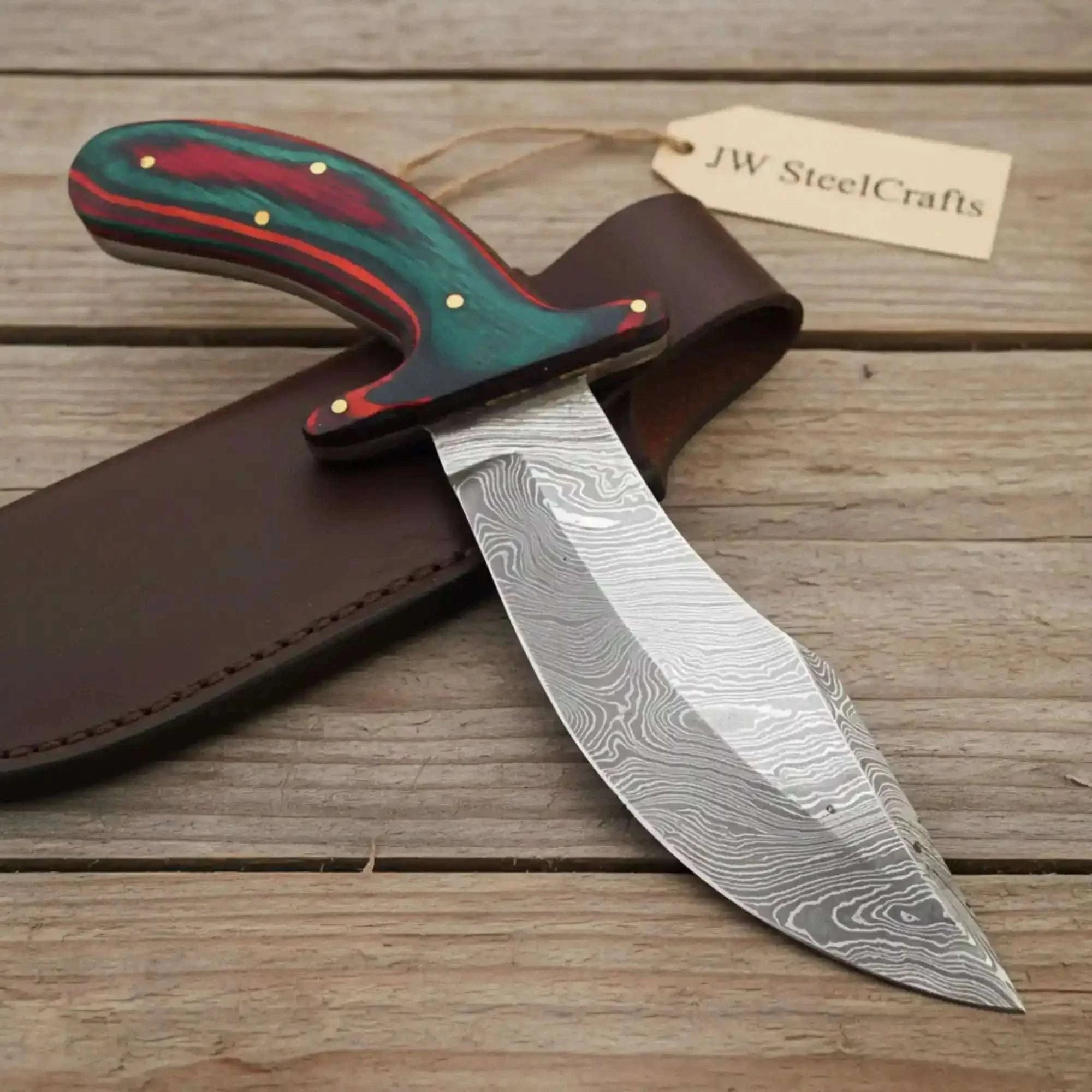 Palmarius Outdoors Handmade Damascus Upswept Skinner Knife with Multi-Color Pakka Wood Handle 