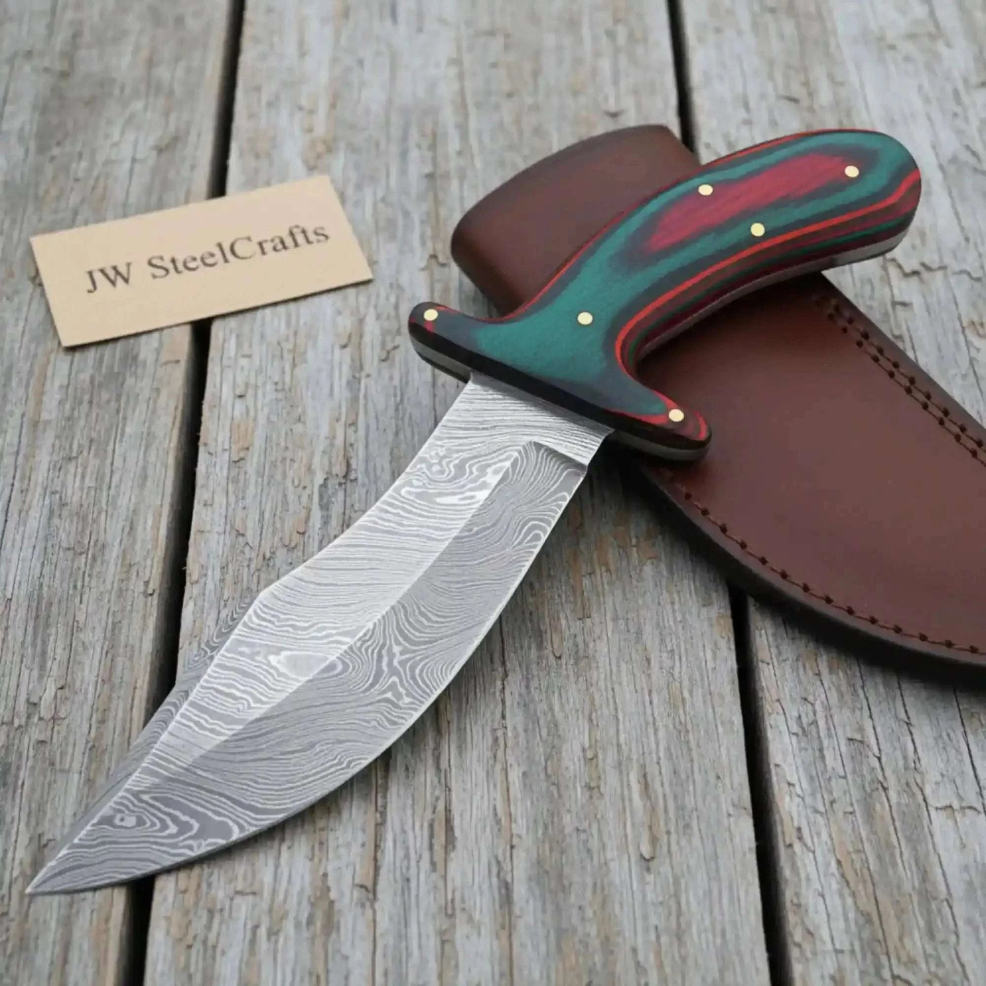 Palmarius Outdoors Handmade Damascus Upswept Skinner Knife with Multi-Color Pakka Wood Handle 