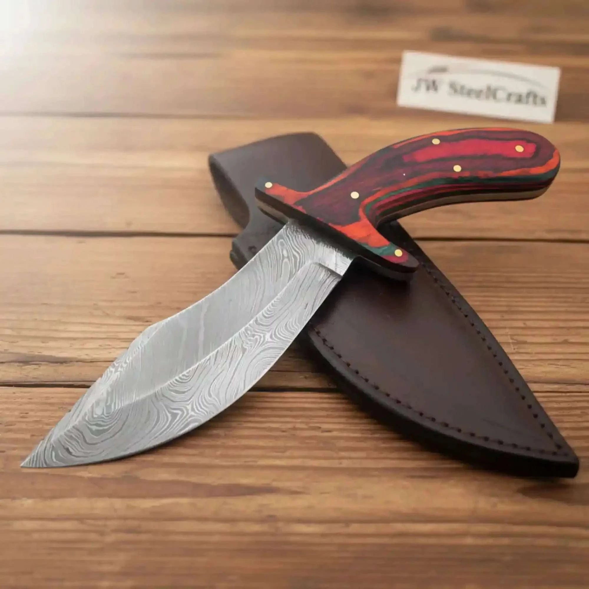 Palmarius Outdoors Handmade Damascus Upswept Skinner Knife with Multi-Color Pakka Wood Handle 