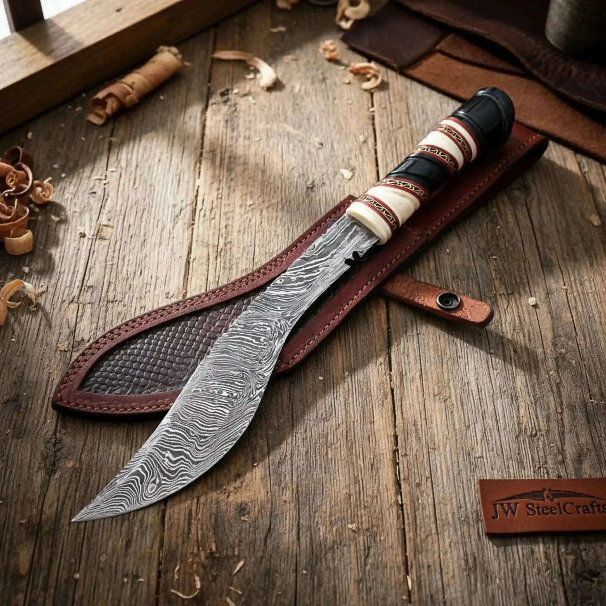 Palmarius Outdoors Custom Ghurkha Kukri Knife Curved Blade Damascus Steel Outdoor Chopping Tool 