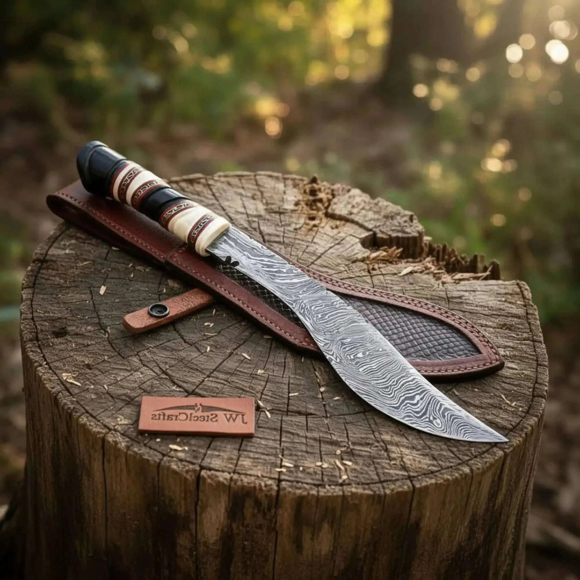 Palmarius Outdoors Custom Ghurkha Kukri Knife Curved Blade Damascus Steel Outdoor Chopping Tool 