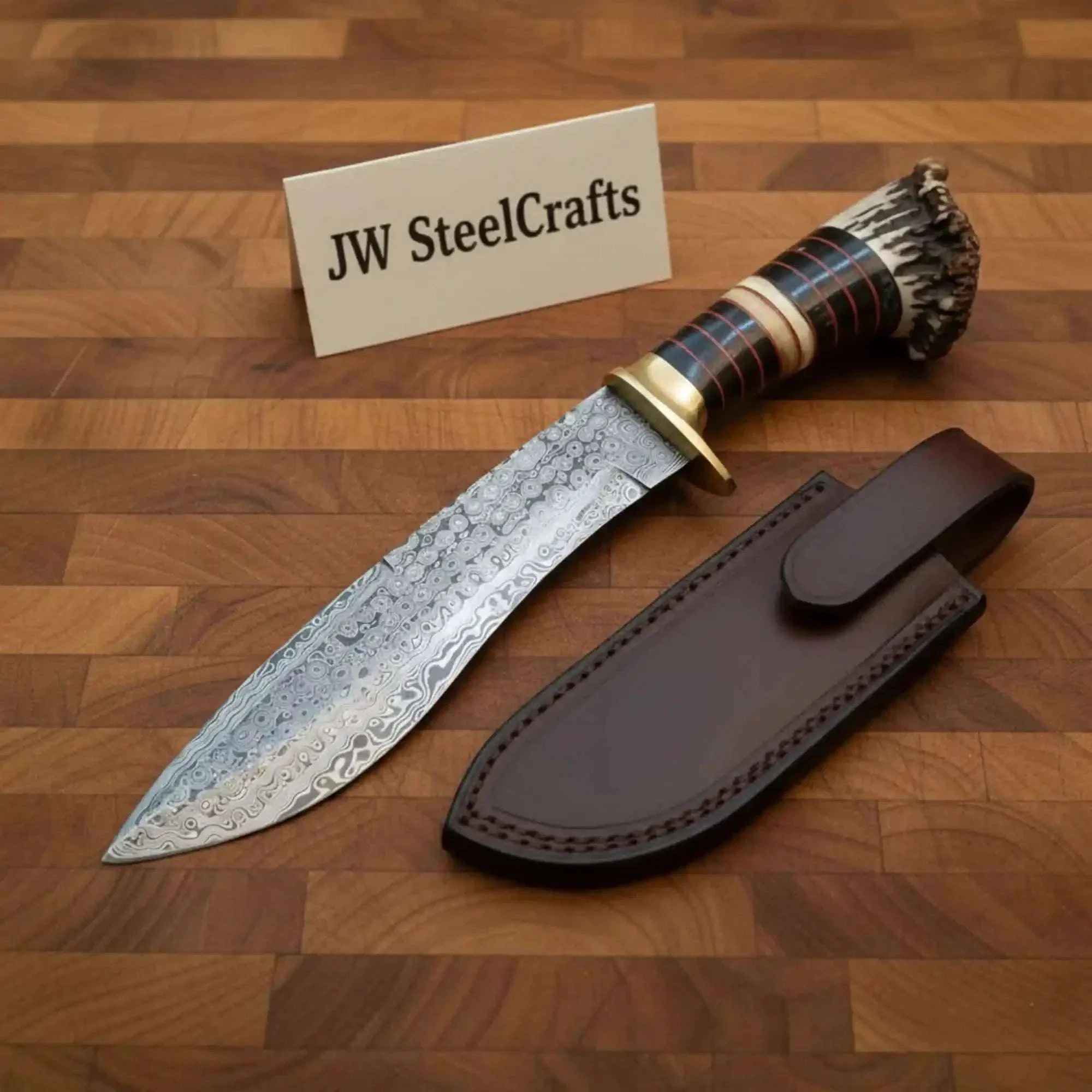 Palmarius Outdoors Handmade Damascus Bowie Knife with Stag Horn Handle | Full Tang Fixed Blade 