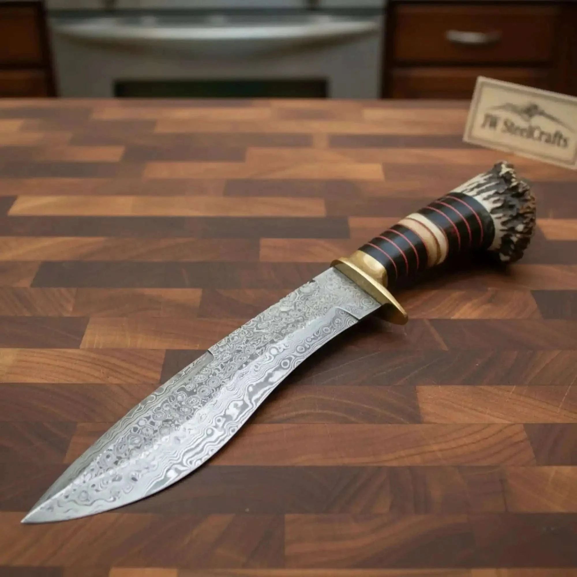 Palmarius Outdoors Handmade Damascus Bowie Knife with Stag Horn Handle | Full Tang Fixed Blade 