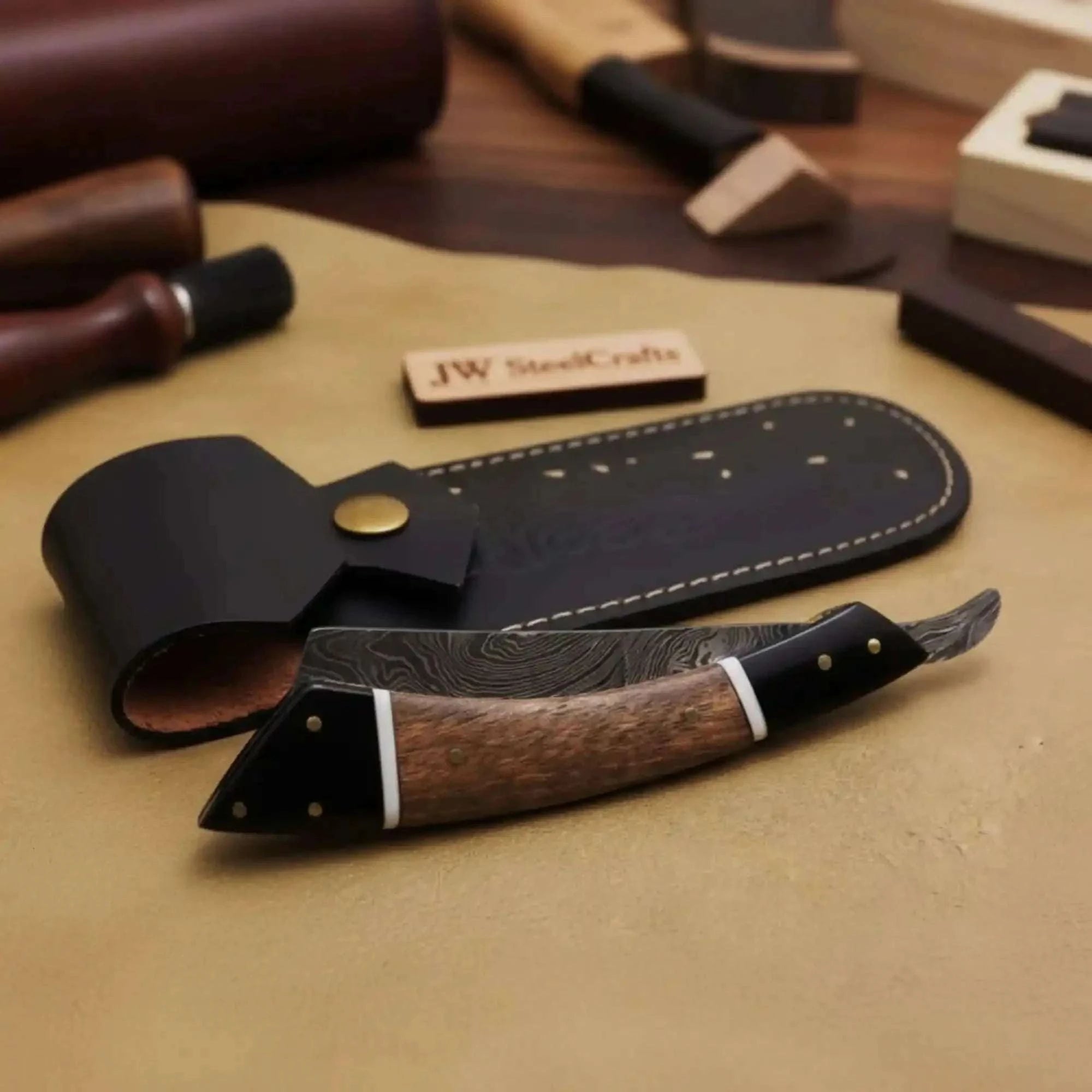 Palmarius Outdoors Handmade Damascus Folding Straight Razor with Rose Wood & Black Resin Handle 