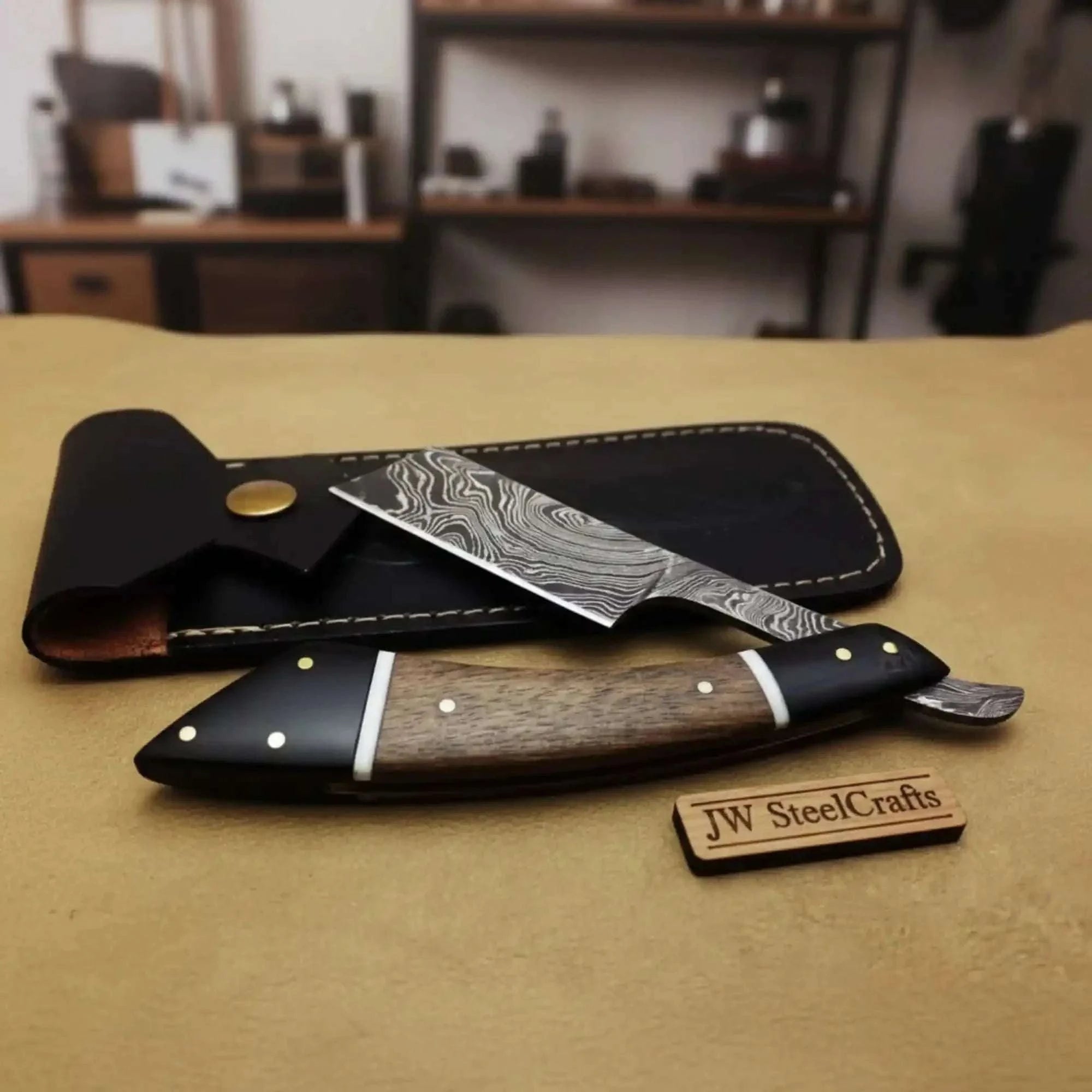 Palmarius Outdoors Handmade Damascus Folding Straight Razor with Rose Wood & Black Resin Handle 
