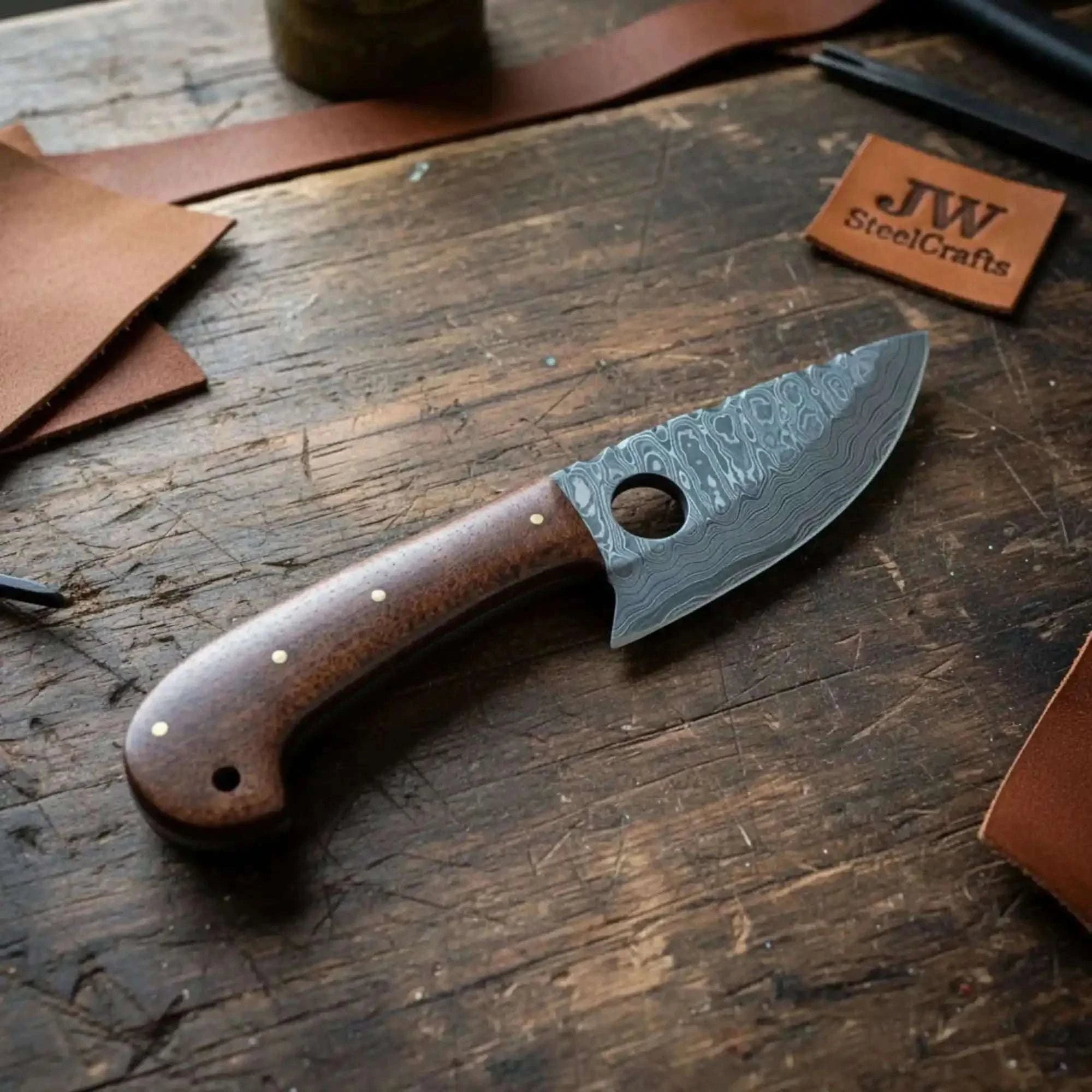Palmarius Outdoors Handmade Damascus Mini Skinner Knife with Wooden Handle | Full Tang Drop Point Blade Skinner Knife