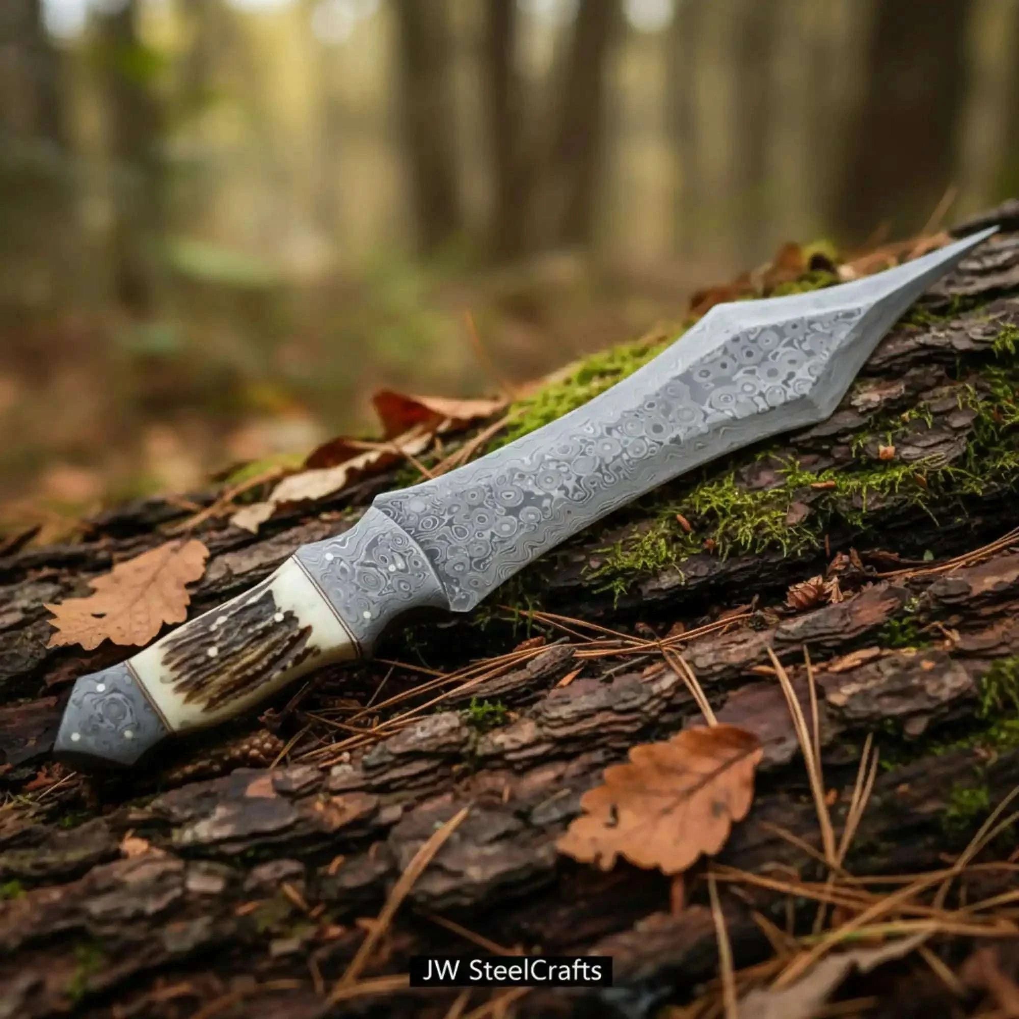 Palmarius Outdoors Handmade Damascus Medieval Spear Point Dagger with Stag Horn Handle 