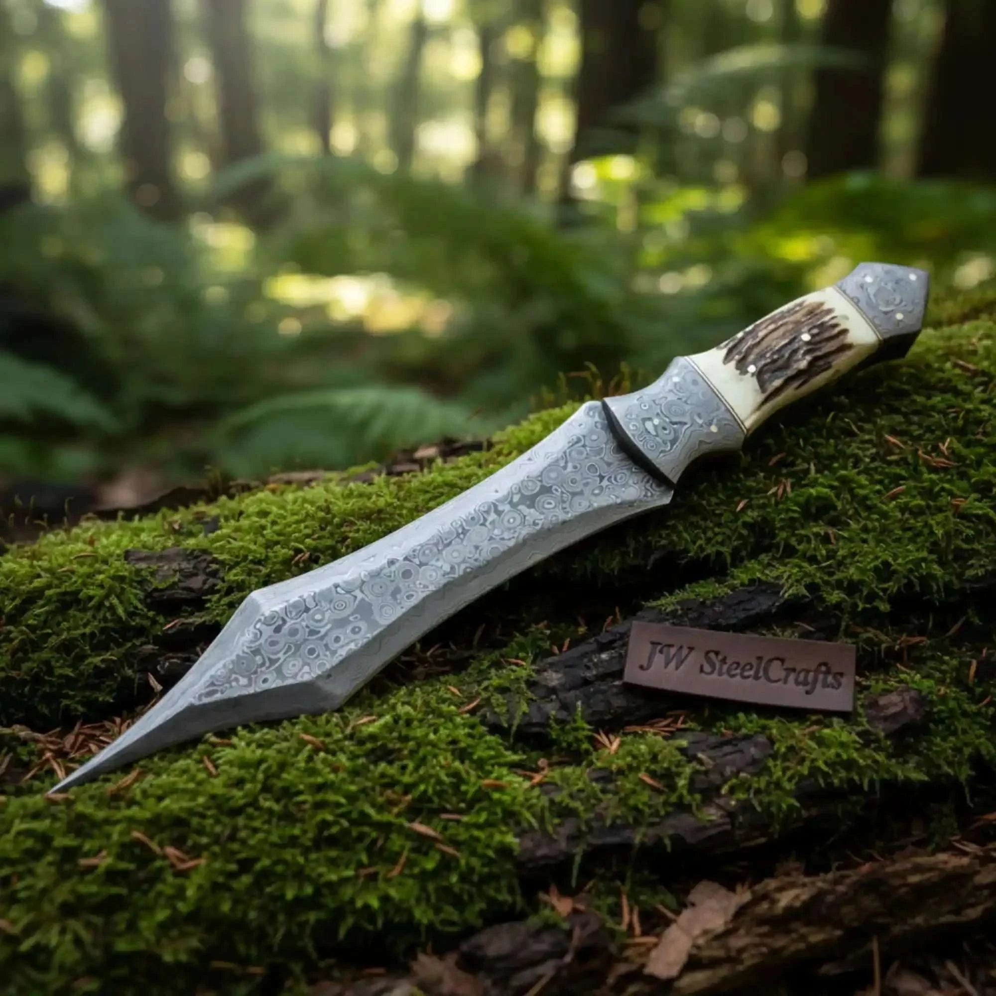 Palmarius Outdoors Handmade Damascus Medieval Spear Point Dagger with Stag Horn Handle 
