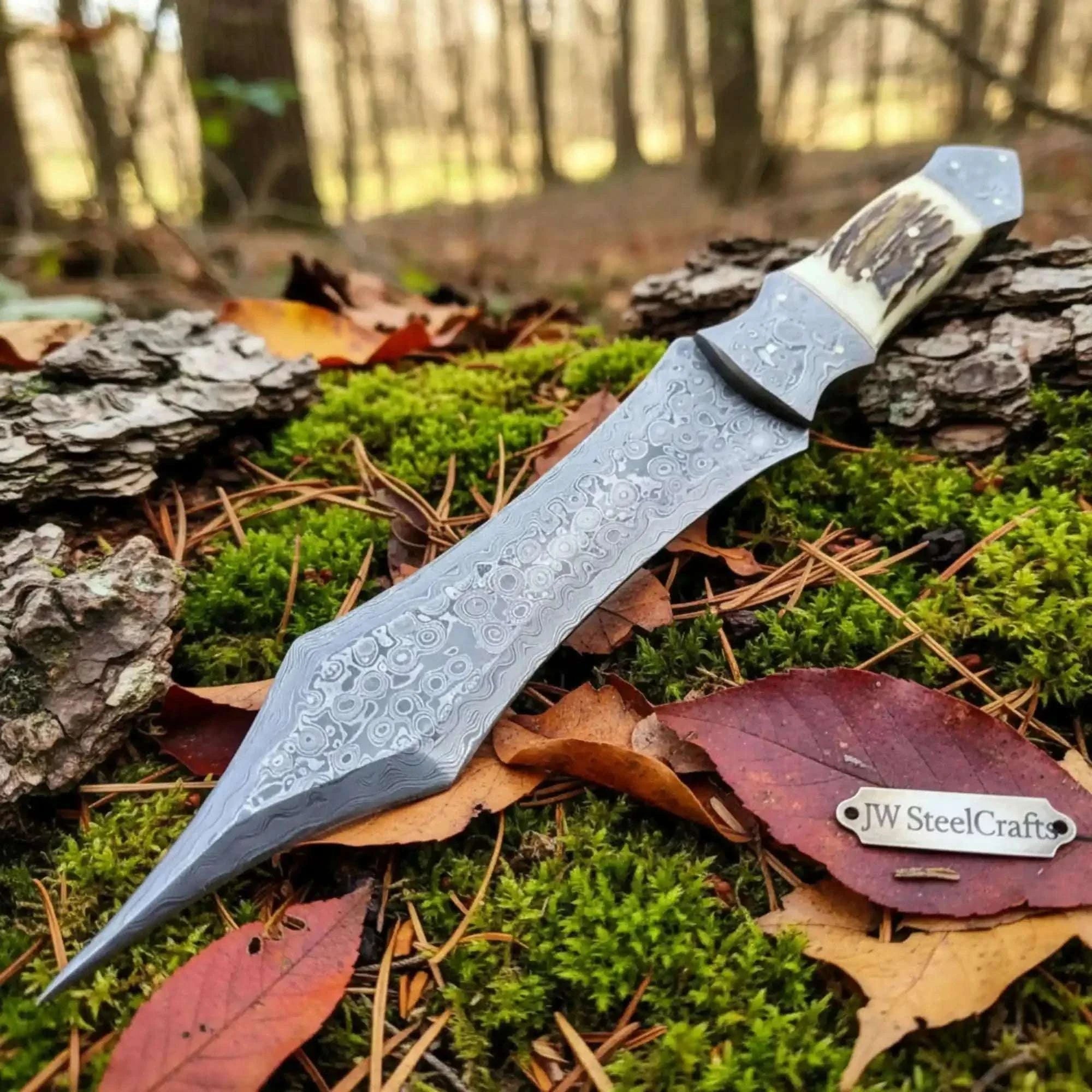Palmarius Outdoors Handmade Damascus Medieval Spear Point Dagger with Stag Horn Handle 