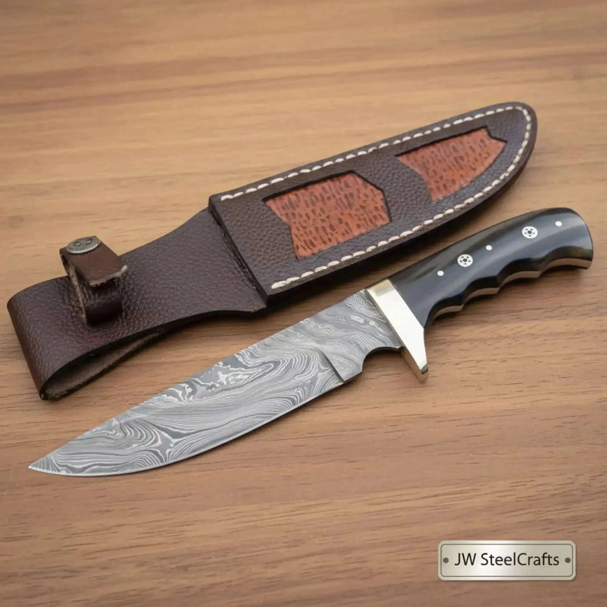 Palmarius Outdoors Clip Point Damascus Bowie Knife Durable Black Handle Outdoor Hunting Tool 