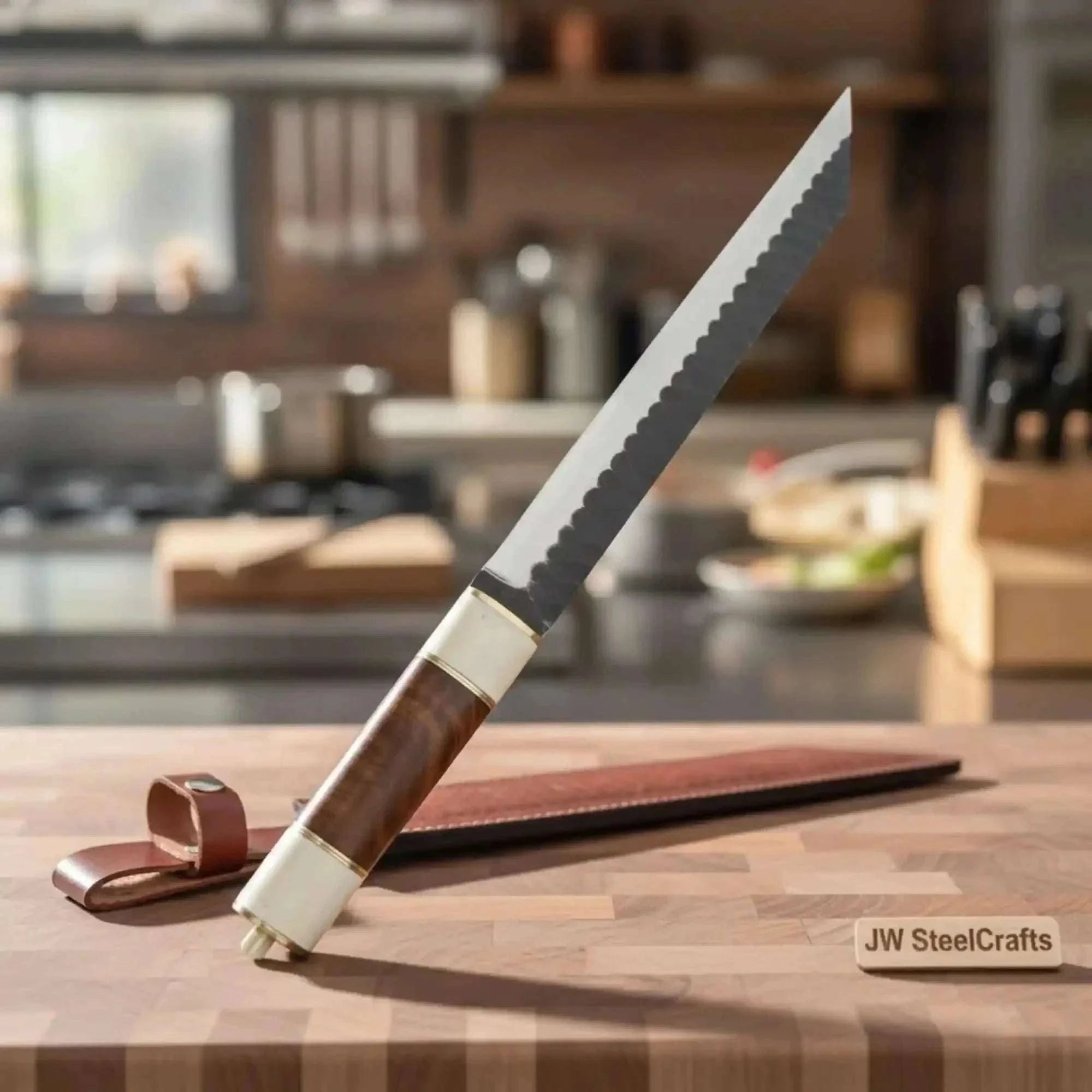 Palmarius Outdoors Serrated Bread Knife Long Blade Kitchen Knife Wooden Handle Precision Slicing Knife 